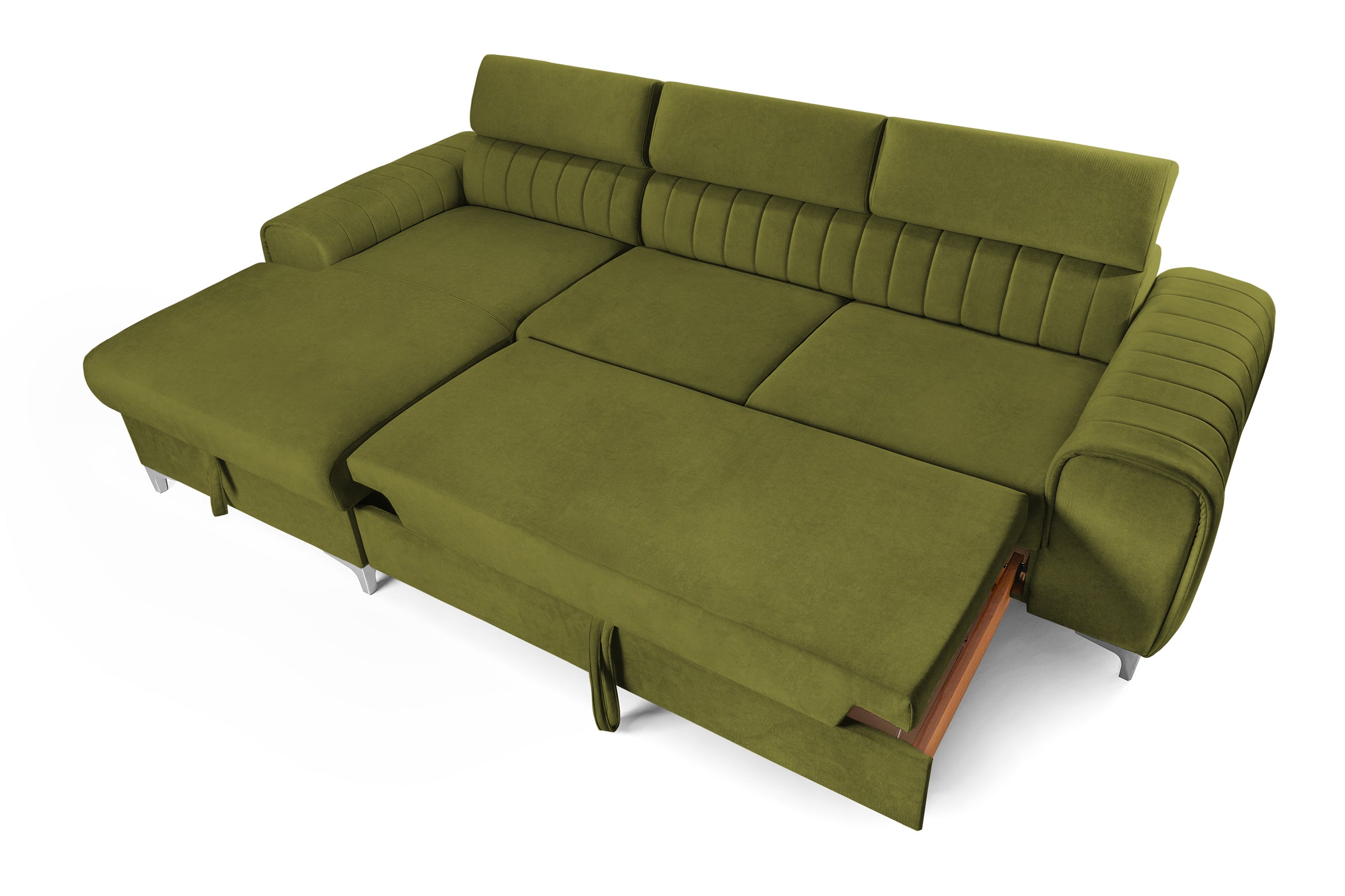 Colțar Extensibil LOFT, cu lada depozitare, tetiere reglabile, 295x170x95 cm, #color_Verde-Olive-Velluto