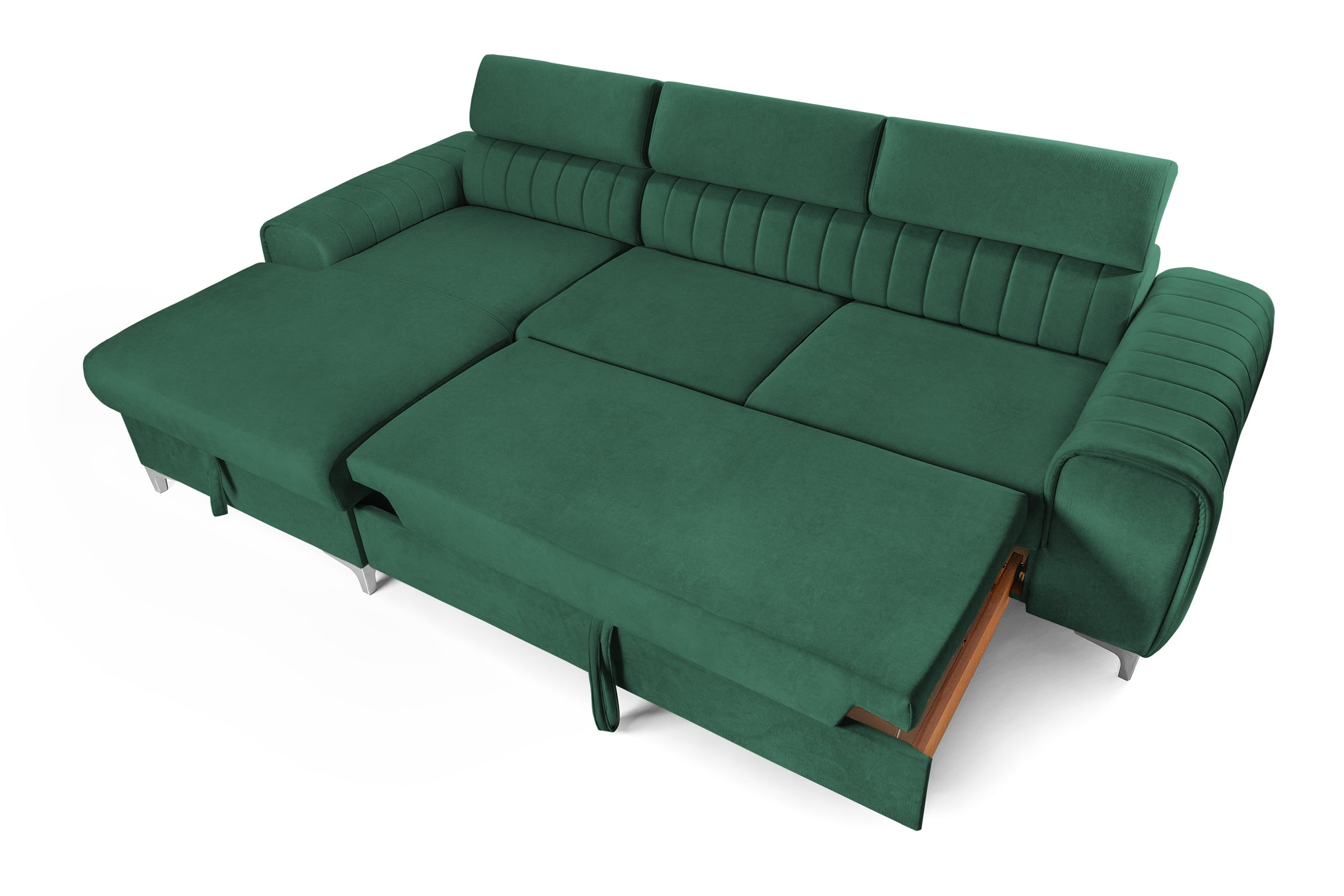 Colțar Extensibil LOFT, cu lada depozitare, tetiere reglabile, 295x170x95 cm, #color_Verde-Padure-Velluto