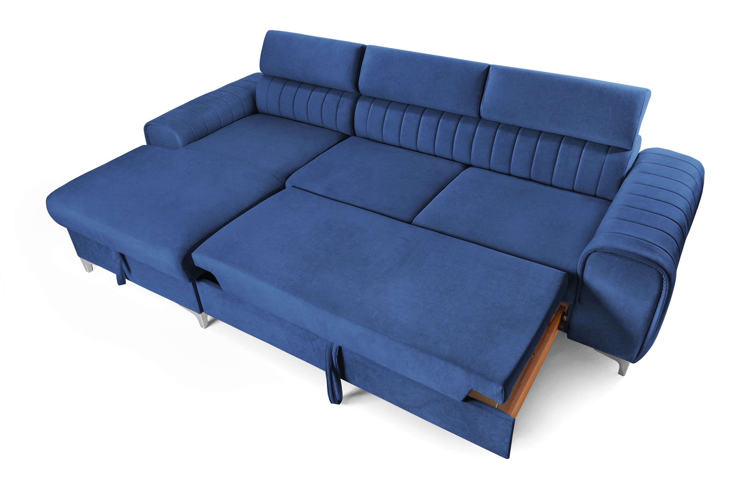 Colțar Extensibil LOFT, cu lada depozitare, tetiere reglabile, 295x170x95 cm, #color_Albastru-Velluto