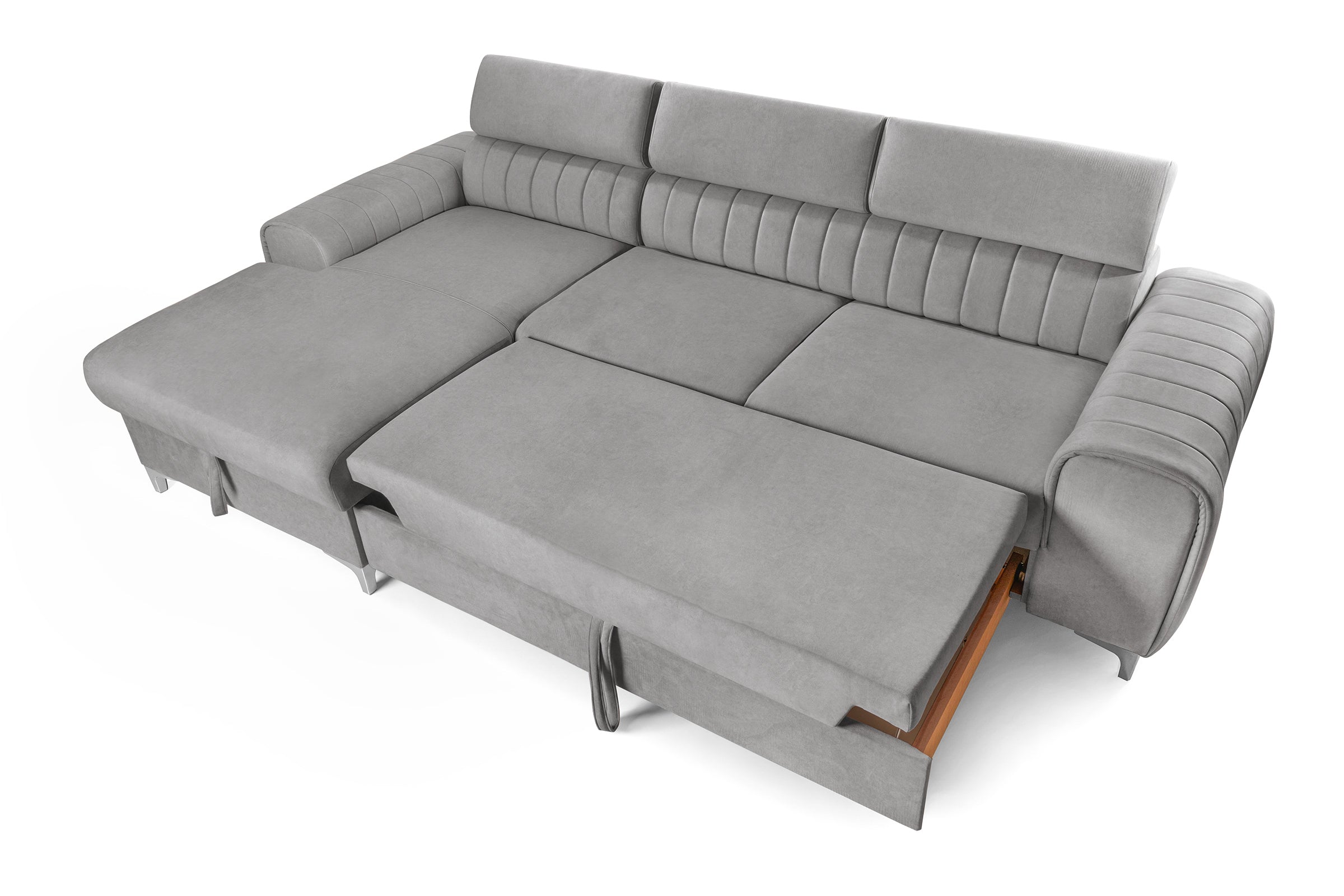 Colțar Extensibil LOFT, cu lada depozitare, tetiere reglabile, 295x170x95 cm, #color_Gri-Silver-Velluto
