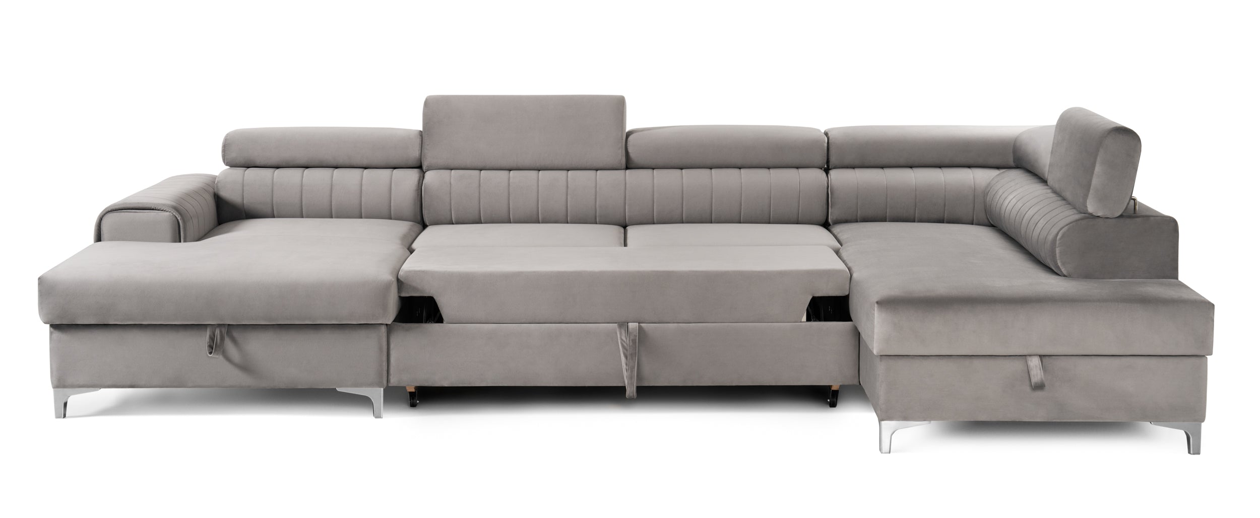 Colțar Extensibil, în formă de U, TIME, cu 2 lăzi de depozitare, cu tetiere reglabile, 360x220x95 cm #color_Gri-Silver-Velluto