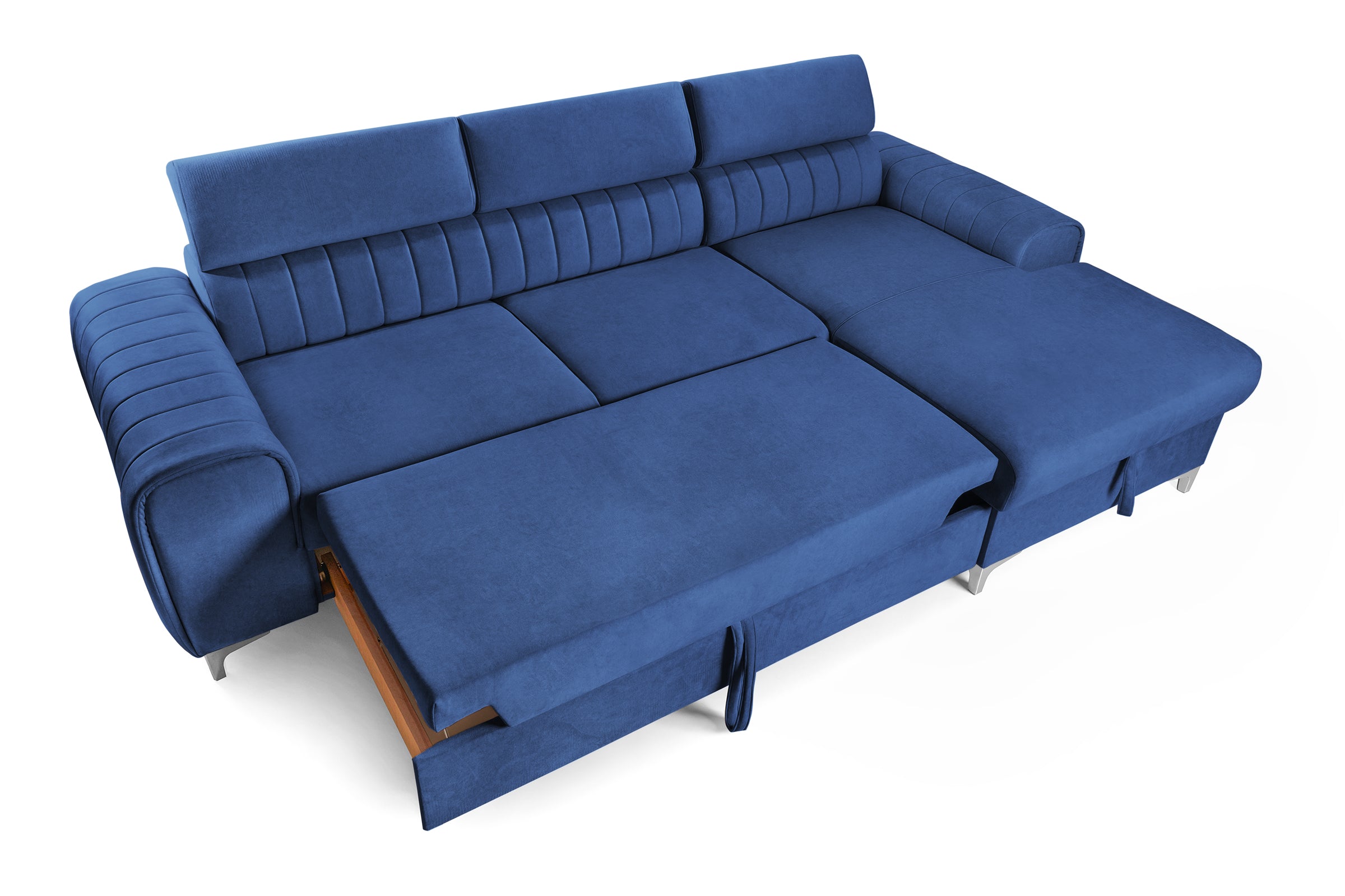 Colțar Extensibil LOFT, cu lada depozitare, tetiere reglabile, 295x170x95 cm, #color_Albastru-Velluto