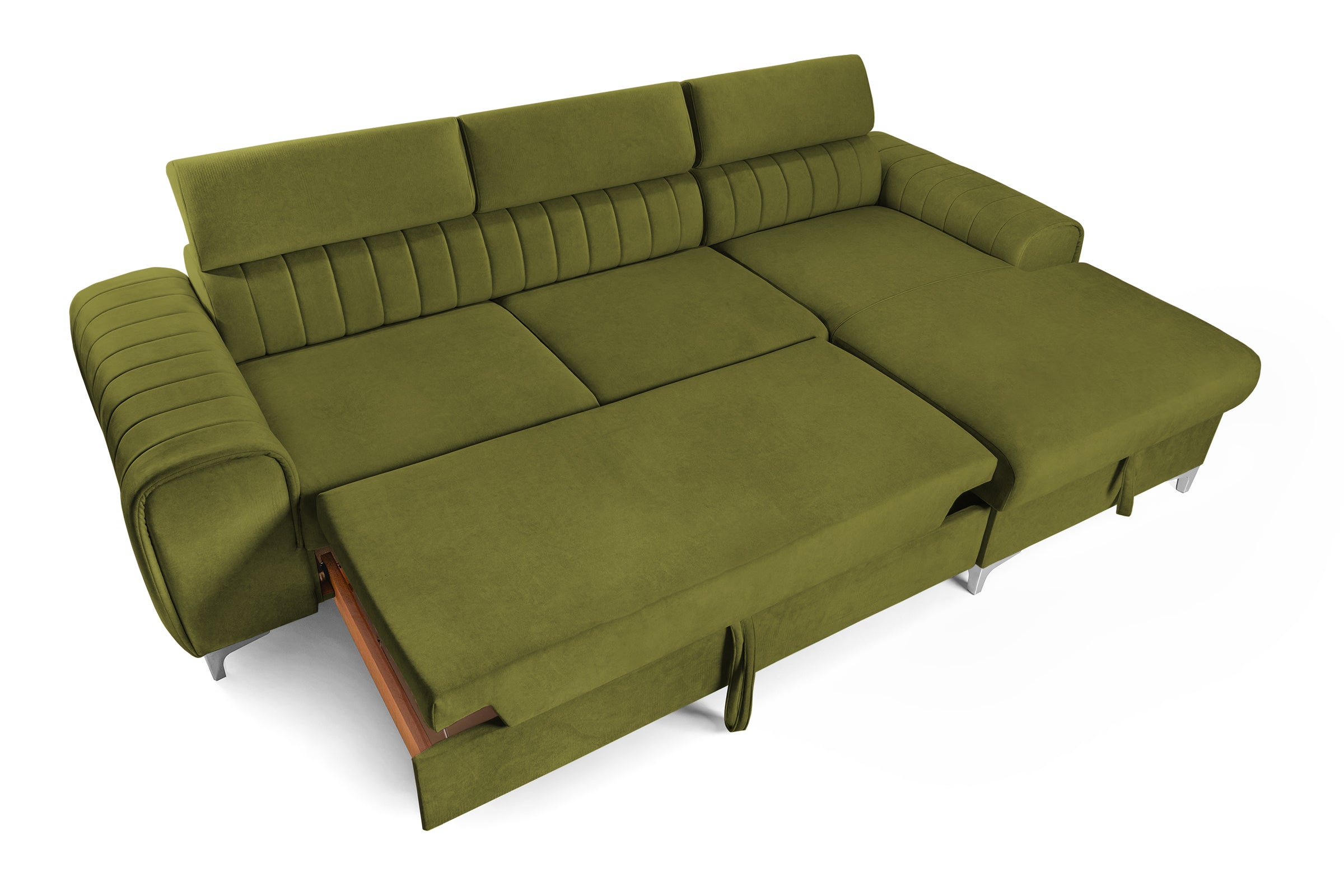Colțar Extensibil LOFT, cu lada depozitare, tetiere reglabile, 295x170x95 cm, #color_Verde-Olive-Velluto