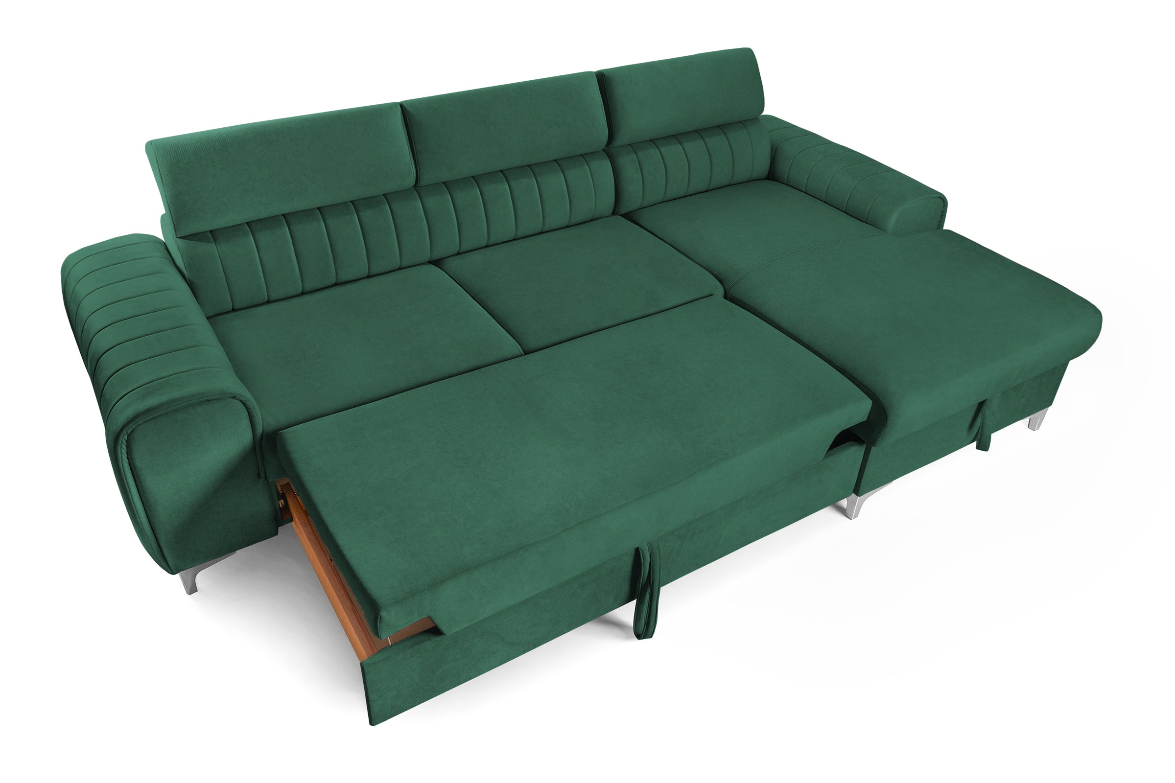 Colțar Extensibil LOFT, cu lada depozitare, tetiere reglabile, 295x170x95 cm, #color_Verde-Padure-Velluto