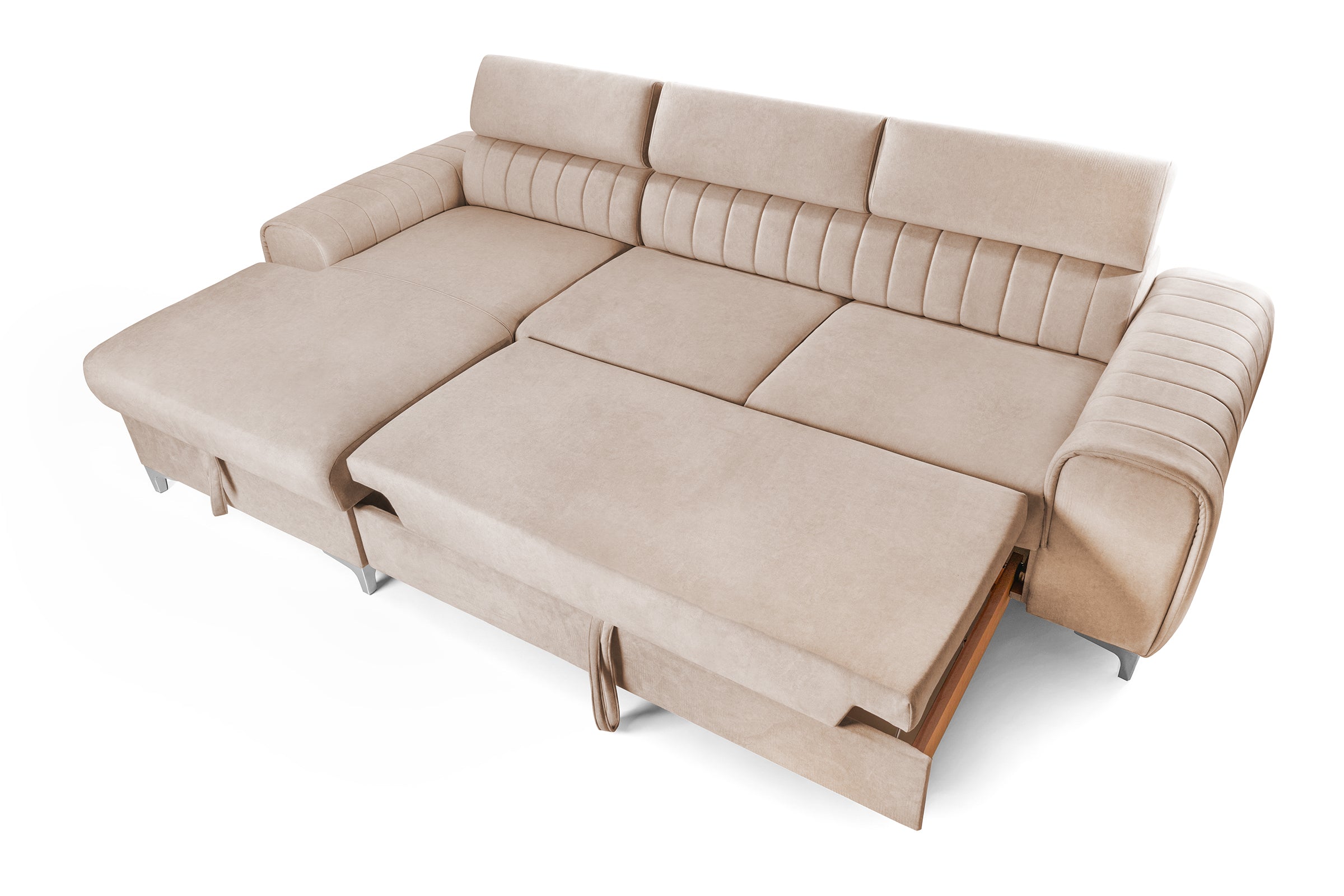 Colțar Extensibil LOFT, cu lada depozitare, tetiere reglabile, 295x170x95 cm, #color_Bej-Velluto