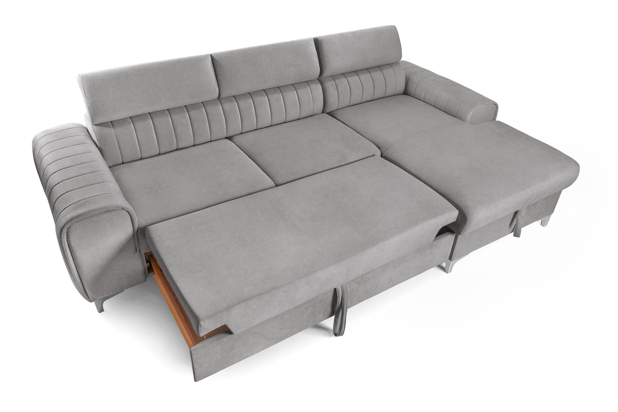 Colțar Extensibil LOFT, cu lada depozitare, tetiere reglabile, 295x170x95 cm, #color_Gri-Silver-Velluto