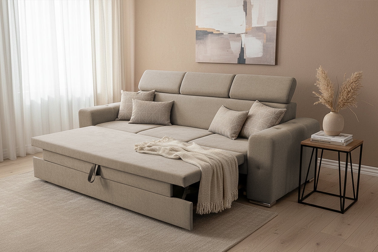 Canapea Extensibila 3 locuri BELLAGIO, cu tetiere, 235x95x85 cm - Prestigehome.ro - Canapea 3 Locuri - Prestige - #color_bej-enjoy