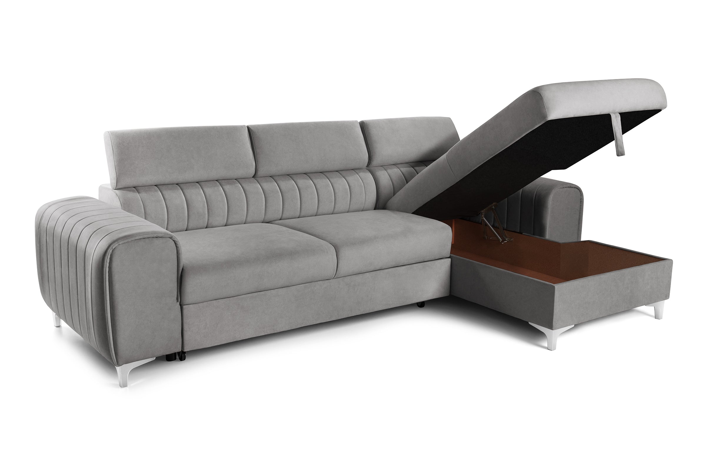 Colțar Extensibil LOFT, cu lada depozitare, tetiere reglabile, 295x170x95 cm, #color_Gri-Silver-Velluto