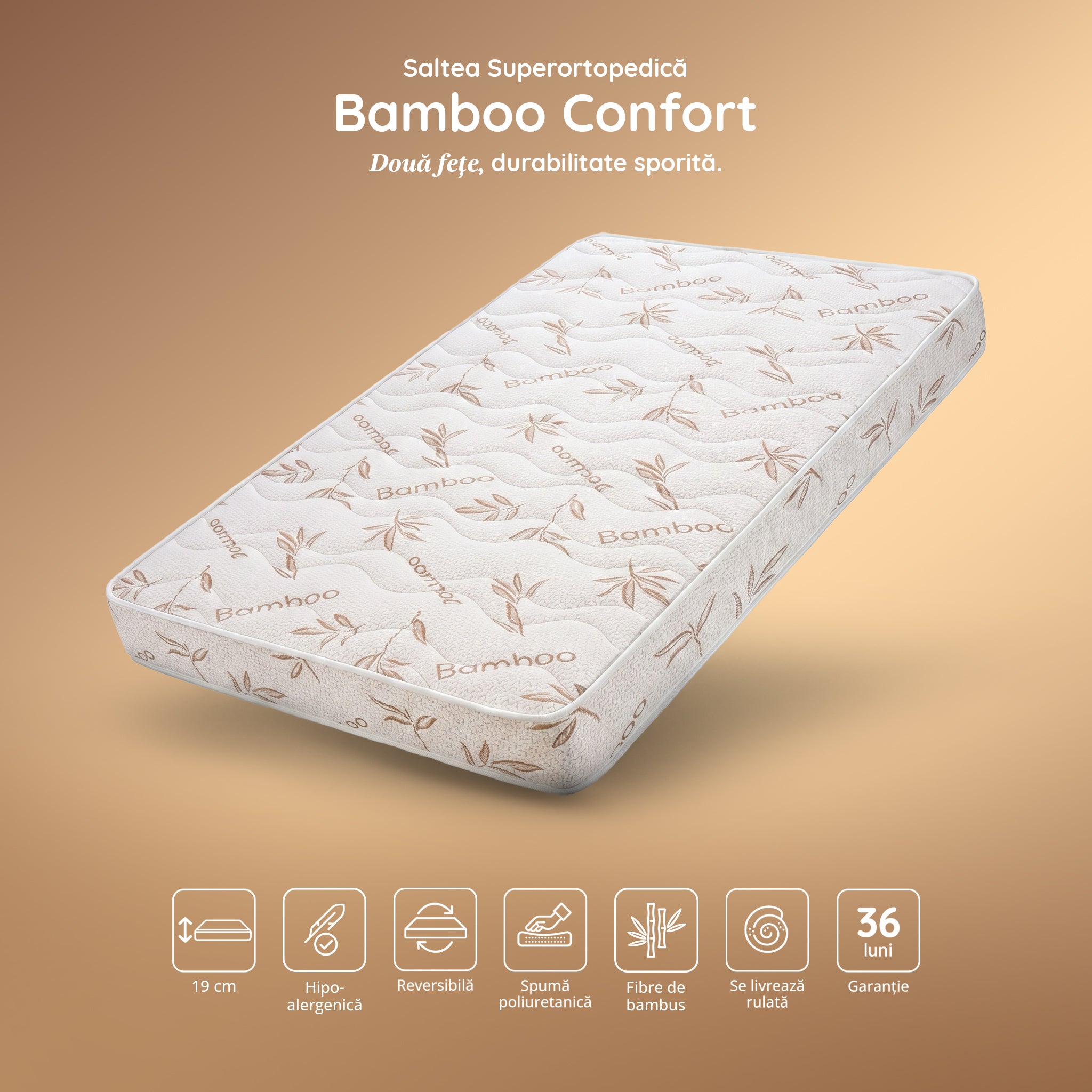Saltea BAMBOO CONFORT, spumă poliuretanică, reversibilă, hipoalergenică, super ortopedică, Grosime 19 cm  - Prestige Home
