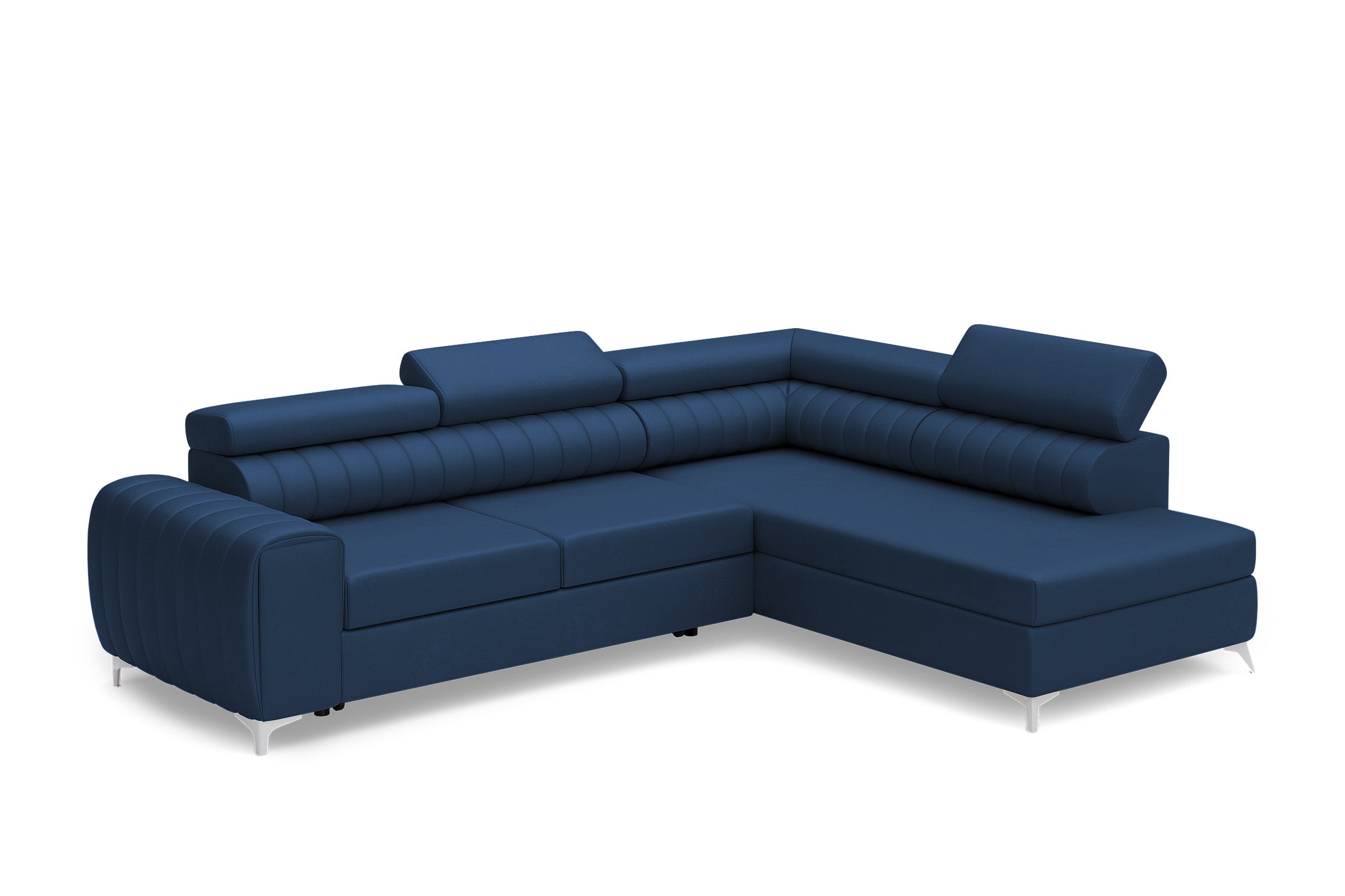Colțar Extensibil TIME, cu lada depozitare, tetiere reglabile, varianta pe dreapta, 285x220x95 cm, Albastru închis - Outlet
