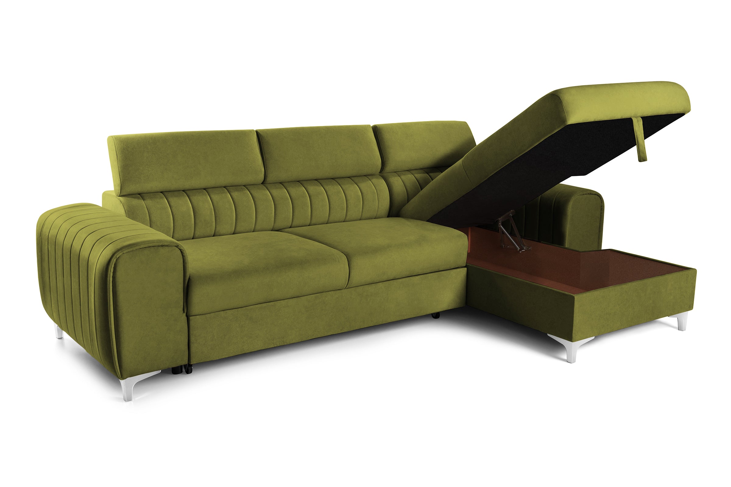Colțar Extensibil LOFT, cu lada depozitare, tetiere reglabile, 295x170x95 cm, #color_Verde-Olive-Velluto