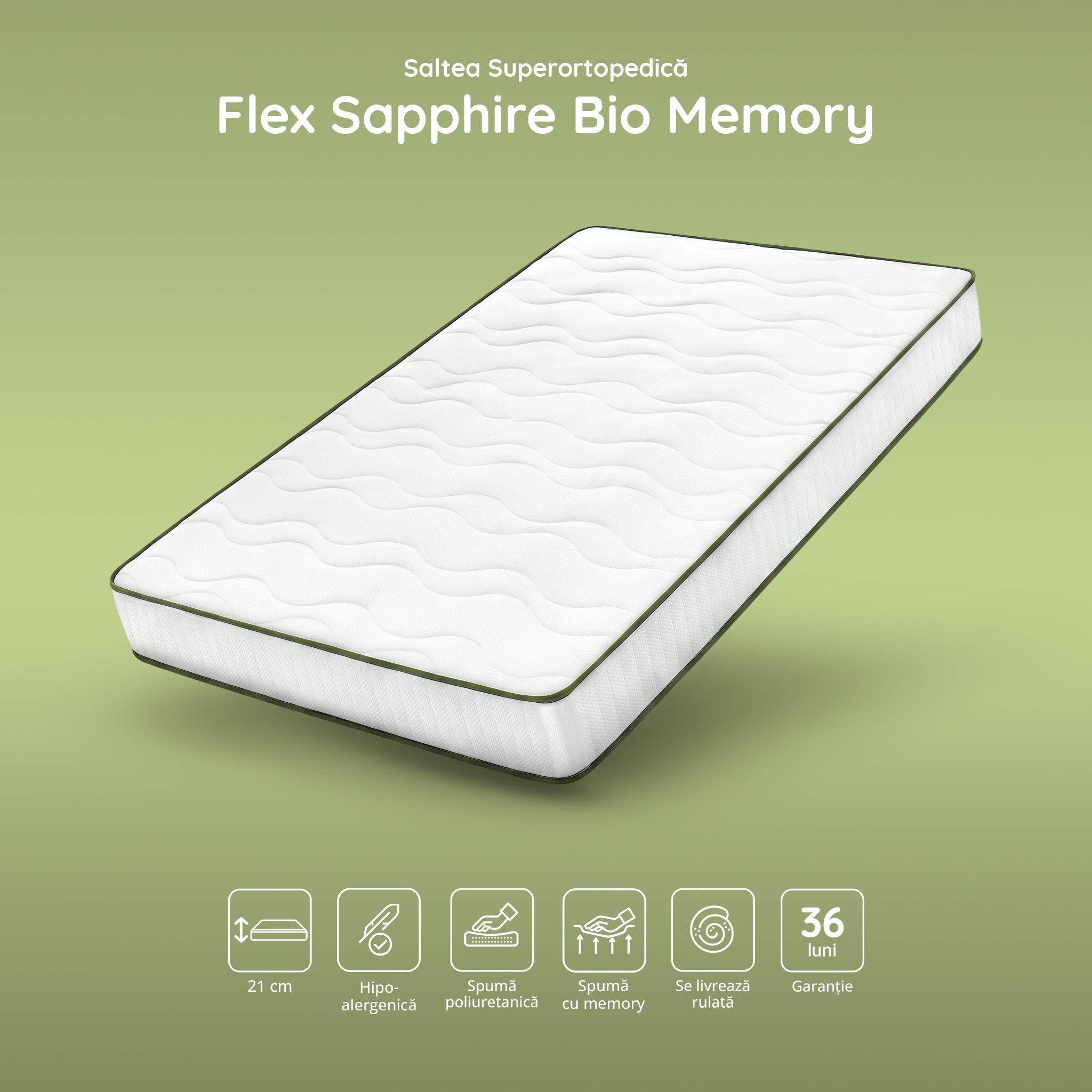 Saltea FLEX SAPPHIRE BIO MEMORY 14+5, spumă poliuretanică elastică, spumă cu memorie, husă cu efect antialergic, superortopedică, Grosime 21 cm - Prestige Home