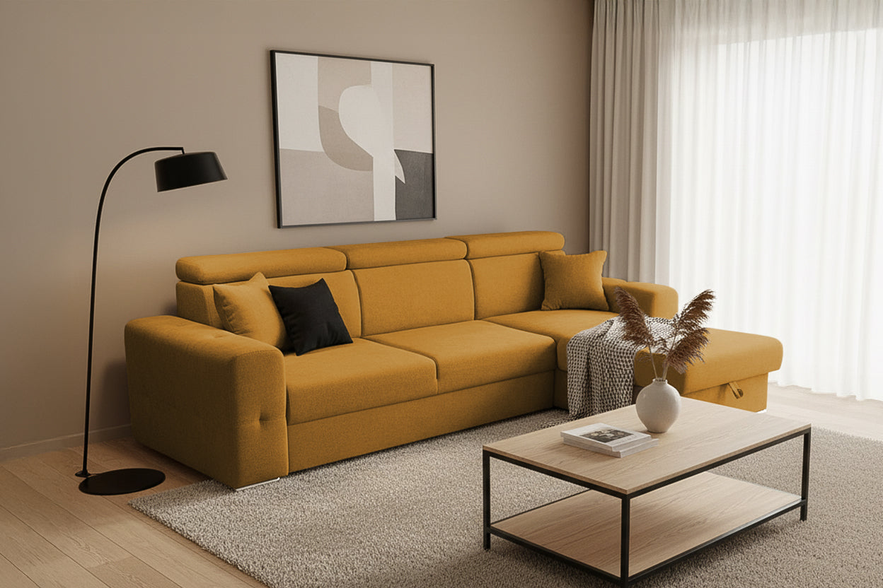 Coltar Extensibil BELLAGIO, sezlong interschimbabil, cu lada de depozitare, cu tetiere, 275x170x85 cm - Prestigehome.ro - Coltare - Prestige - #color_Mango-Enjoy