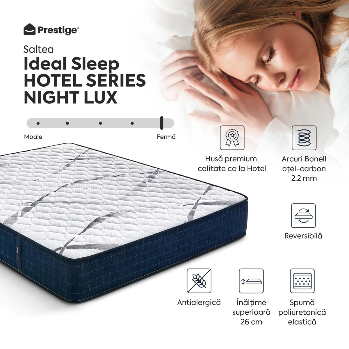 Saltea Ideal Sleep HOTEL SERIES NIGHT LUX, superortopedică, cu spumă poliuretanică și arcuri, husă cu aerisire optimă, Grosime 26 cm