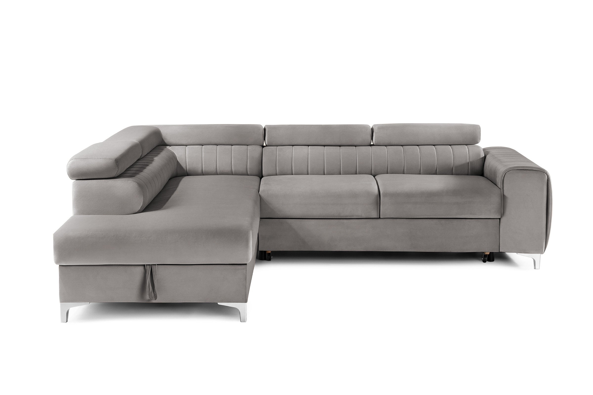 Colțar Extensibil TIME, cu lada depozitare, tetiere reglabile, 285x220x95 cm, #color_Gri-Silver-Velluto