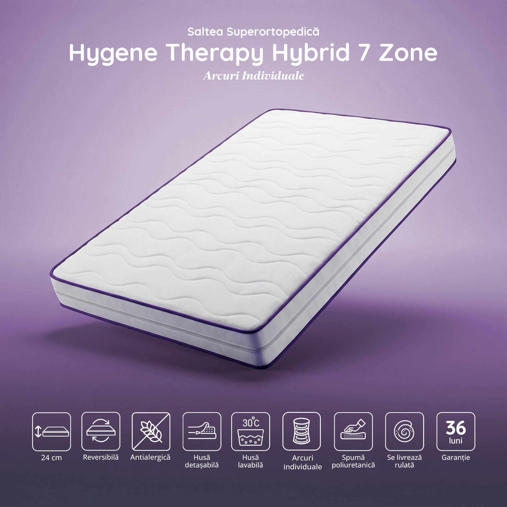 Saltea HYGENE THERAPY HYBRID, 7 zone de confort, Arcuri Individuale, husă detașabilă cu fermoar, lavabilă, superortopedică, Grosime 24 cm - Prestige Home