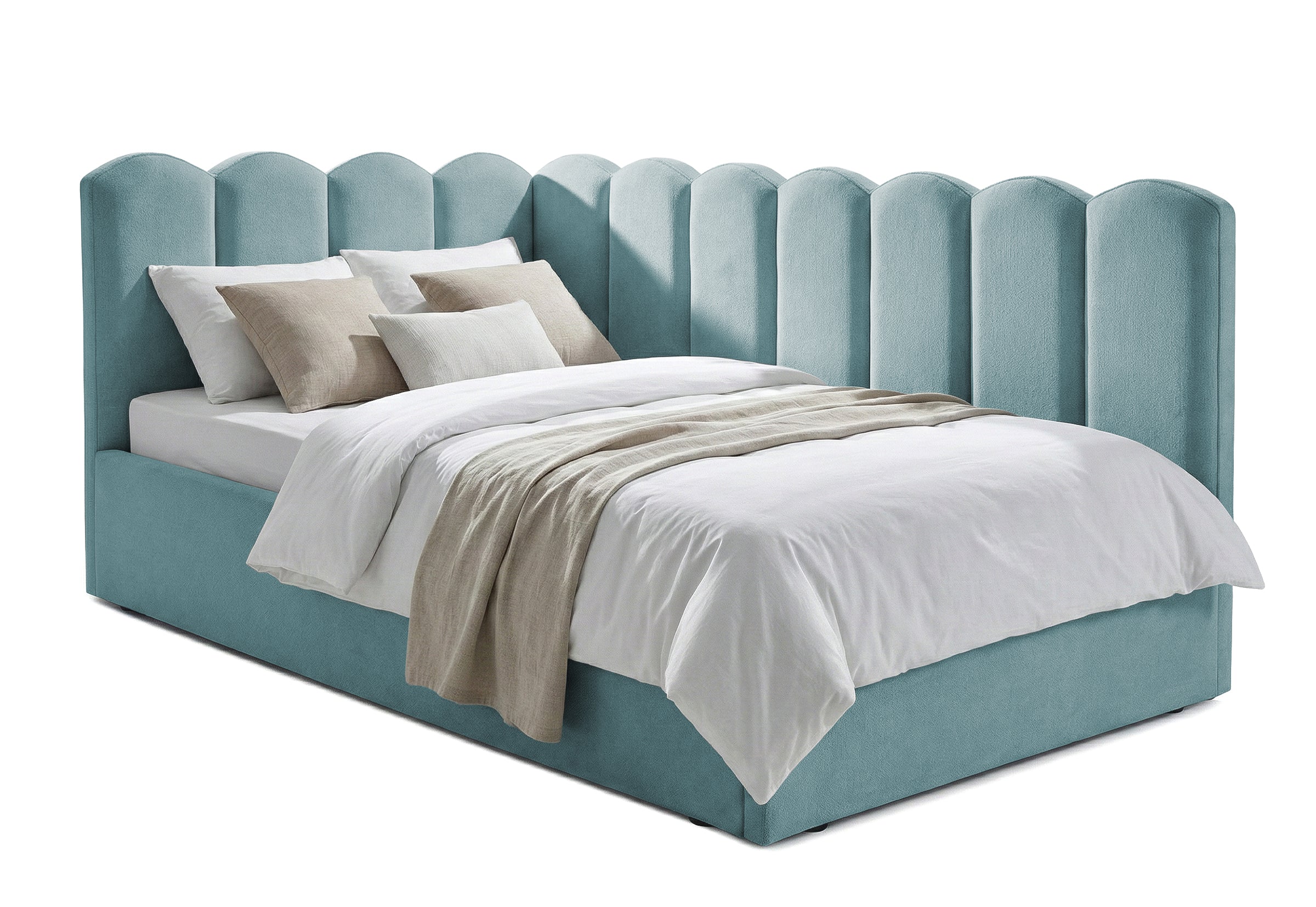 Pat Tapițat Princess de colț, cu somieră rabatabilă și ladă depozitare, #color_Albastru-Deschis-Mystery