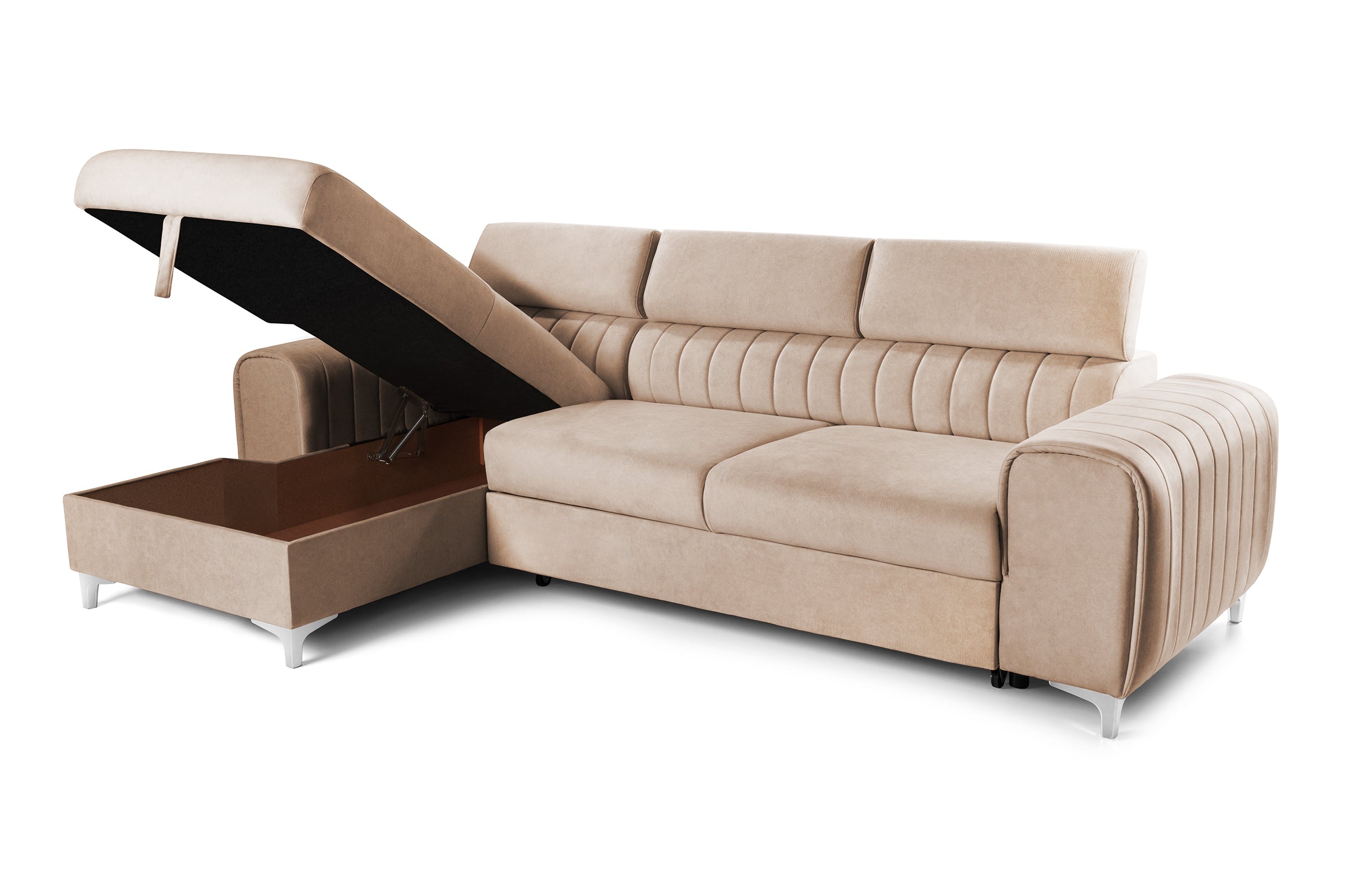 Colțar Extensibil LOFT, cu lada depozitare, tetiere reglabile, 295x170x95 cm, #color_Bej-Velluto