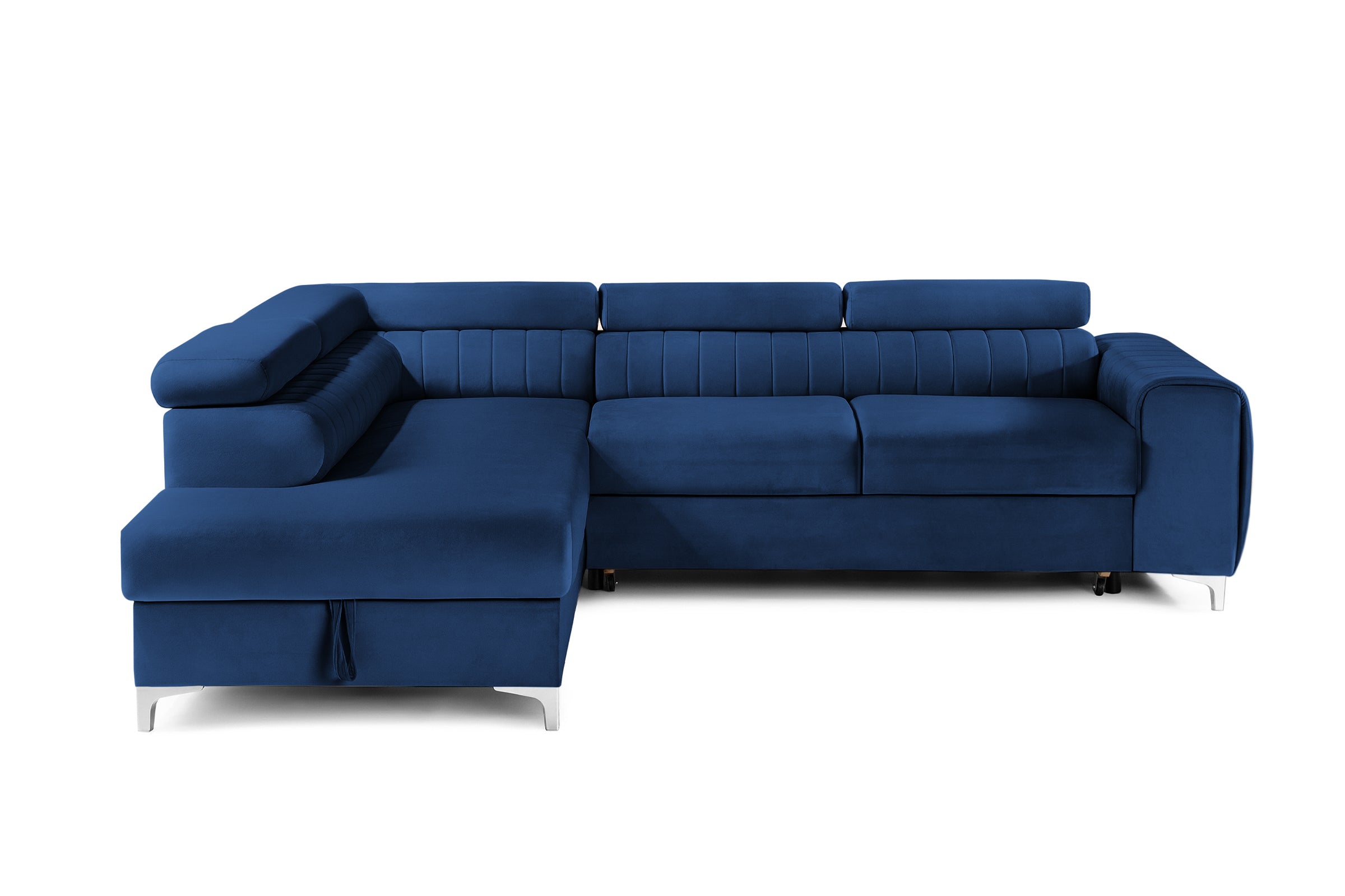 Colțar Extensibil TIME, cu lada depozitare, tetiere reglabile, 285x220x95 cm, #color_Albastru-Velluto
