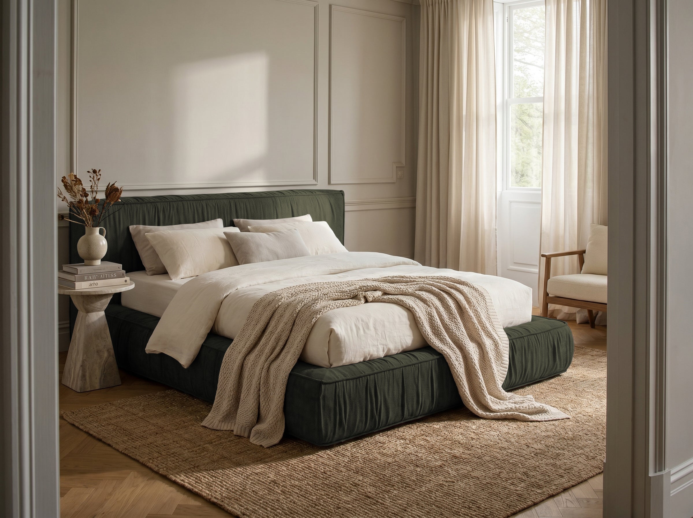 Pat Tapițat Primavara, cu somieră fixă, #color_Verde-Olive-Eden