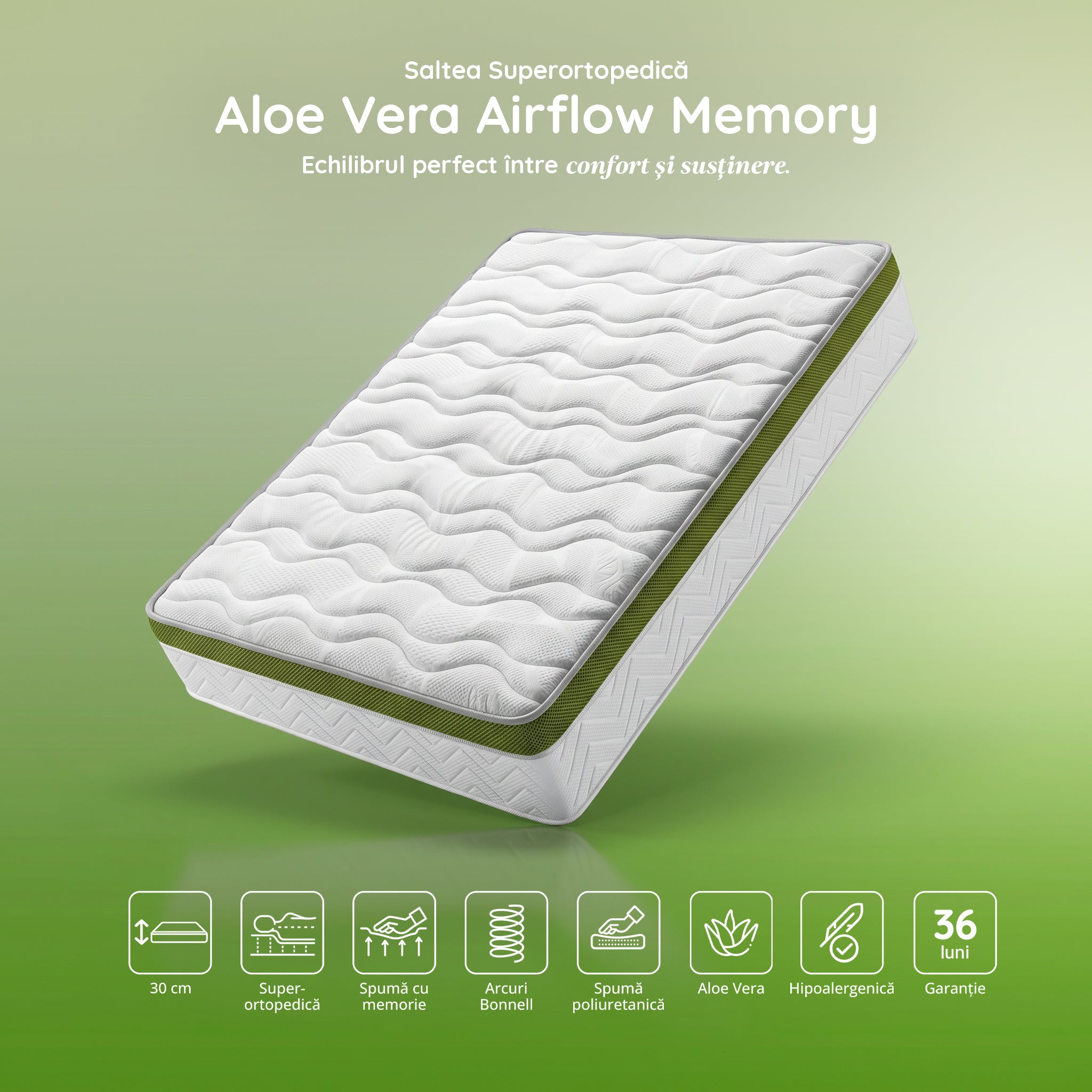 Saltea Ideal Sleep ALOE VERA AIRFLOW MEMORY, Arcuri Bonell, spumă poliuretanică elastică, spumă cu memorie, husă cu aerisire optimă, superortopedică, Grosime 30 cm