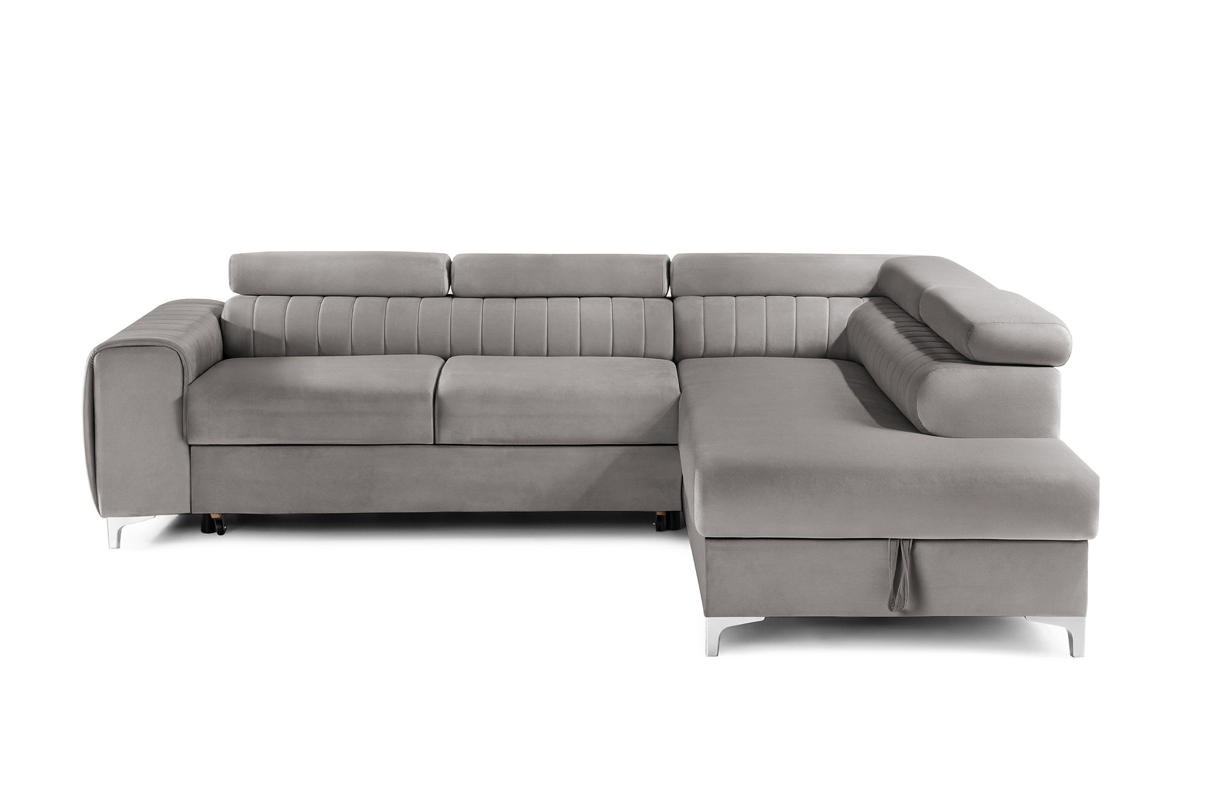 Colțar Extensibil TIME, cu lada depozitare, tetiere reglabile, 285x220x95 cm, #color_Gri-Silver-Velluto