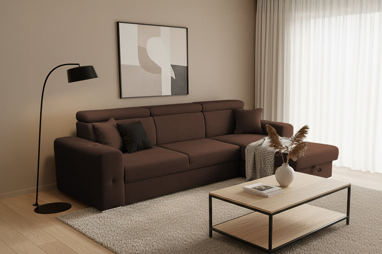 Coltar Extensibil BELLAGIO, sezlong interschimbabil, cu lada de depozitare, cu tetiere, 275x170x85 cm - Prestigehome.ro - Coltare - Prestige - #color_maro-enjoy