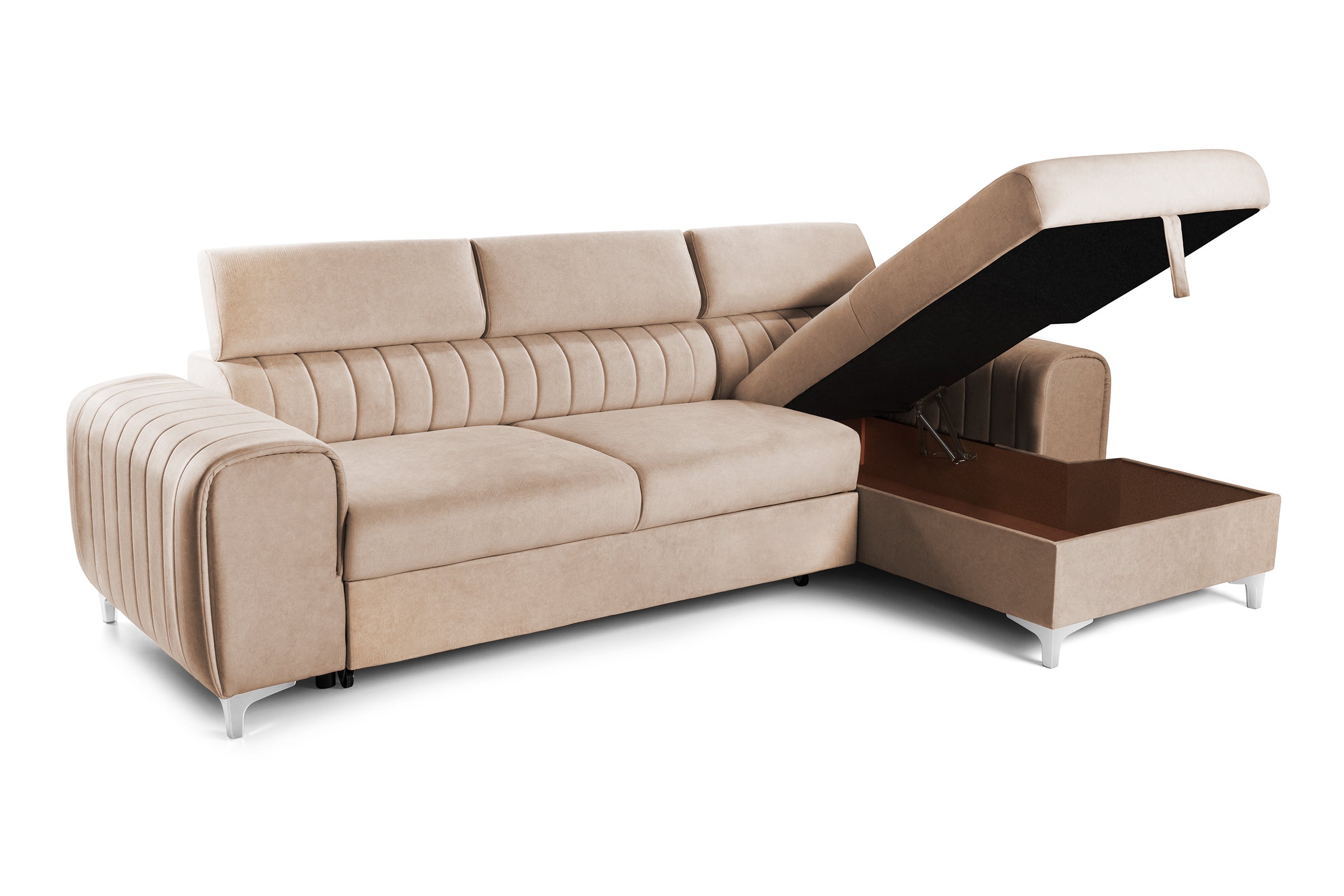 Colțar Extensibil LOFT, cu lada depozitare, tetiere reglabile, 295x170x95 cm, #color_Bej-Velluto
