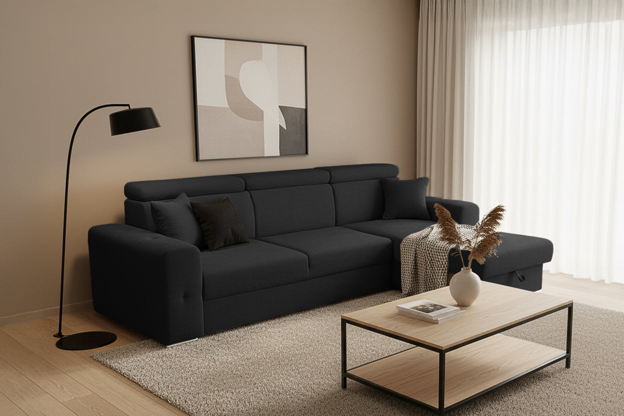 Coltar Extensibil BELLAGIO, sezlong interschimbabil, cu lada de depozitare, cu tetiere, 275x170x85 cm - Prestigehome.ro - Coltare - Prestige - #color_negru-enjoy