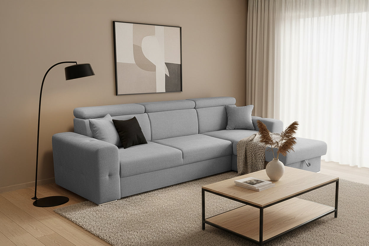 Coltar Extensibil BELLAGIO, sezlong interschimbabil, cu lada de depozitare, cu tetiere, 275x170x85 cm - Prestigehome.ro - Coltare - Prestige - #color_Gri-Deschis-Enjoy