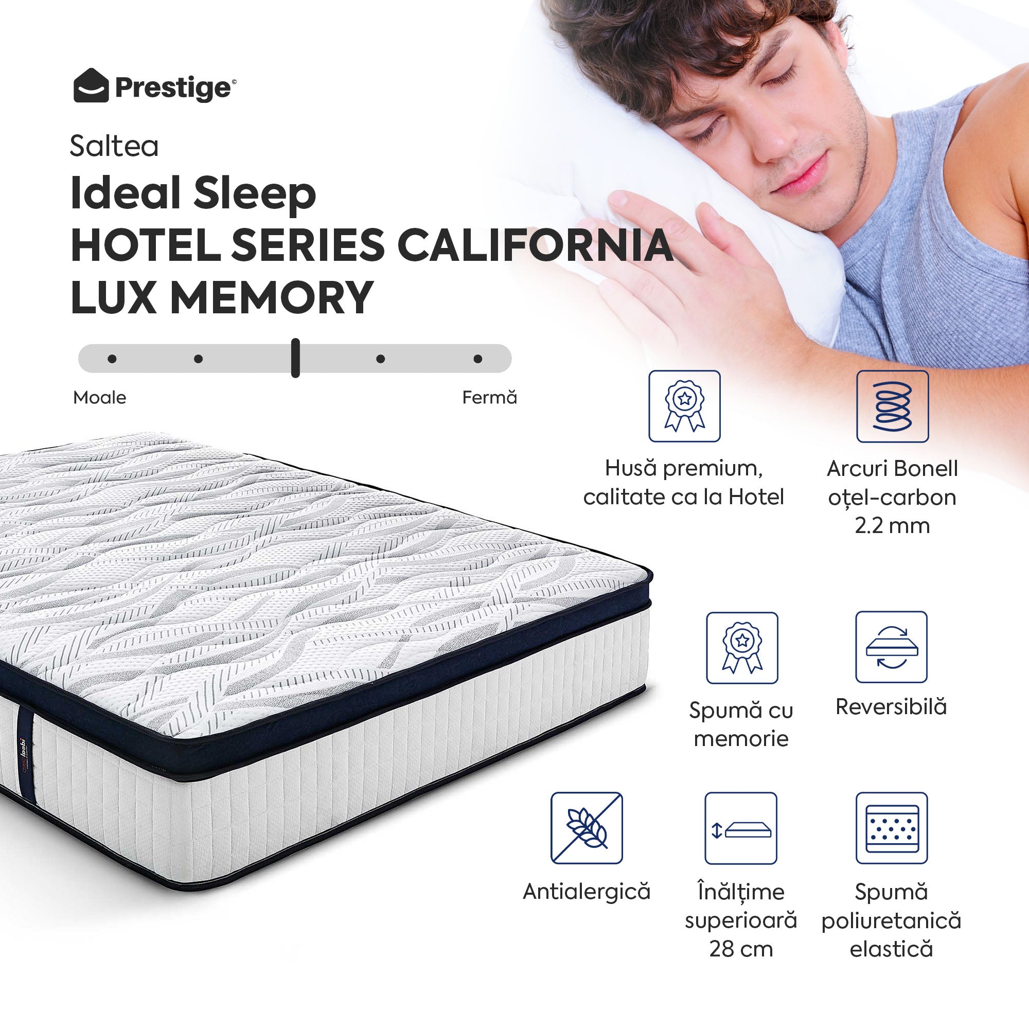 Saltea Ideal Sleep HOTEL SERIES CALIFORNIA LUX MEMORY, Arcuri Bonell, spumă poliuretanică elastică, spumă cu memorie, husă cu aerisire optimă, superortopedică, Grosime 28 cm