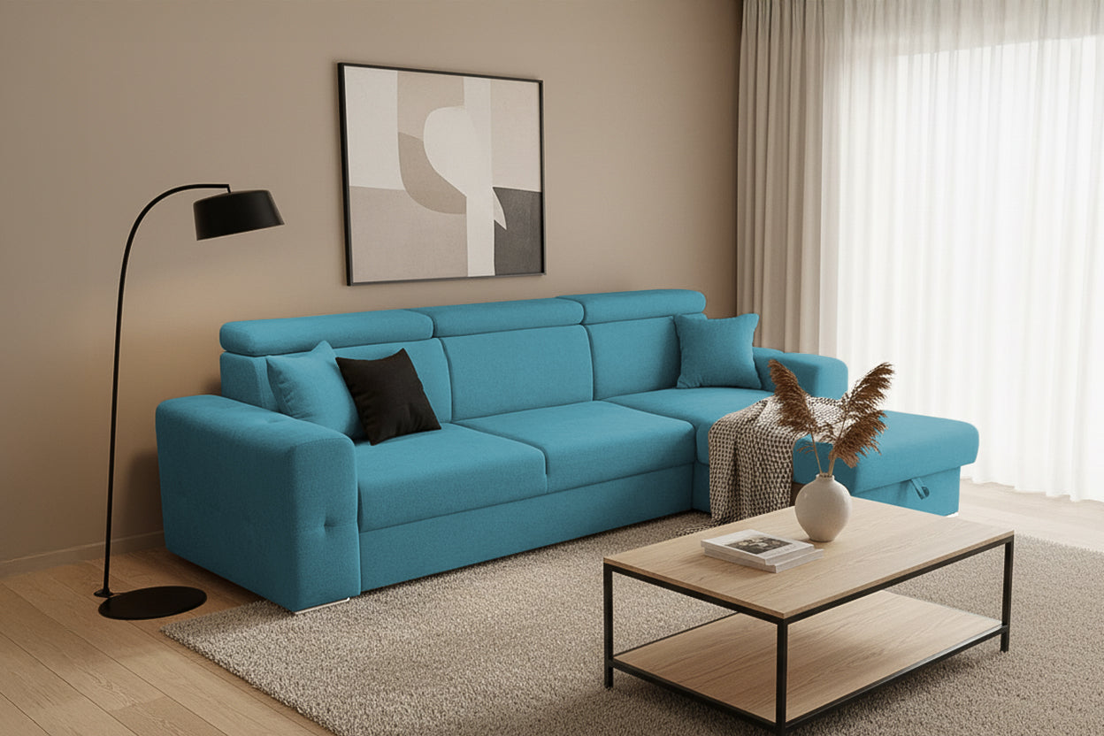 Coltar Extensibil BELLAGIO, sezlong interschimbabil, cu lada de depozitare, cu tetiere, 275x170x85 cm - Prestigehome.ro - Coltare - Prestige - #color_turcoaz-enjoy