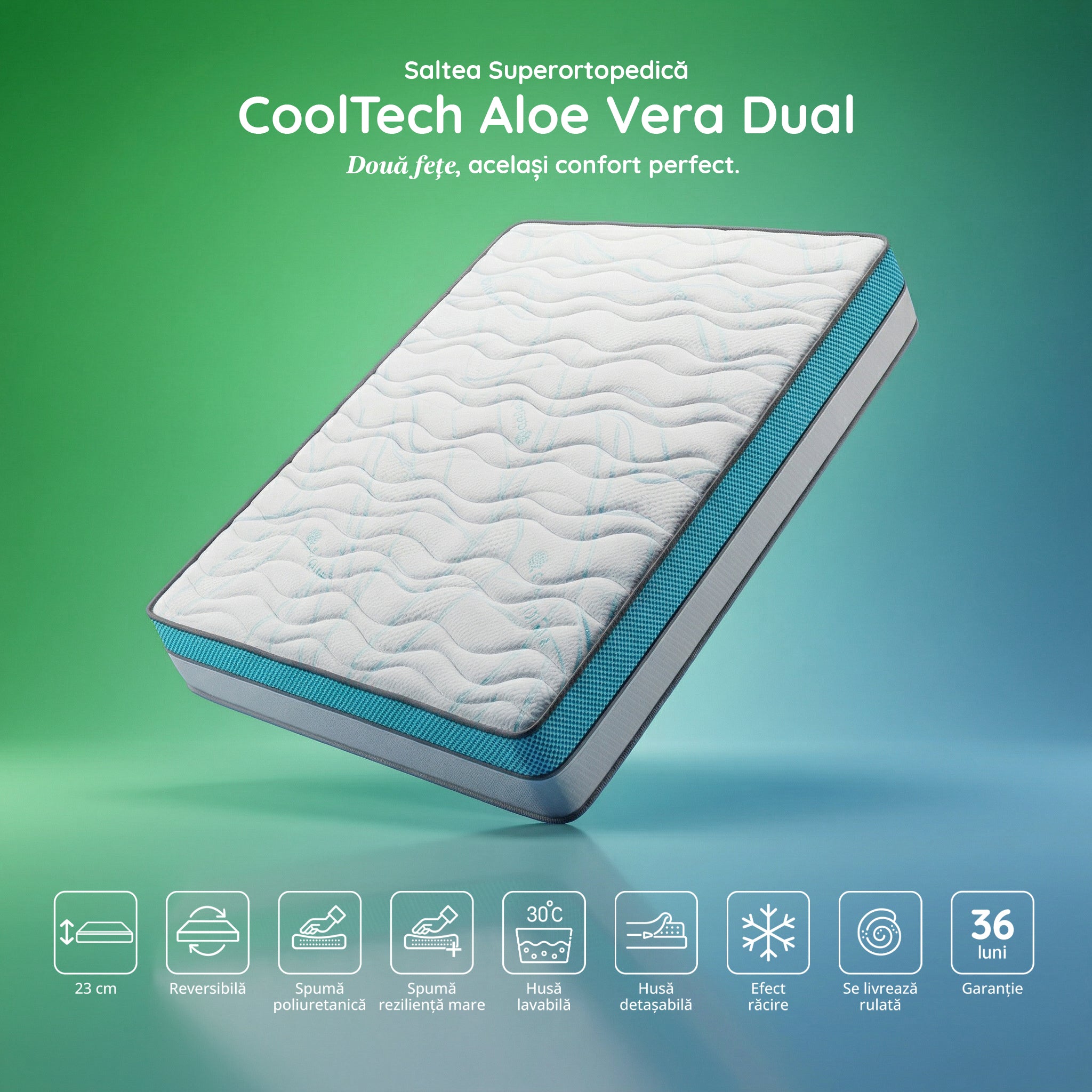 Saltea Ideal Sleep COOLTECH ALOE VERA DUAL, spumă poliuretanică durabilă, spumă High Resilience, husă CoolTech, superortopedică, Grosime 23 cm