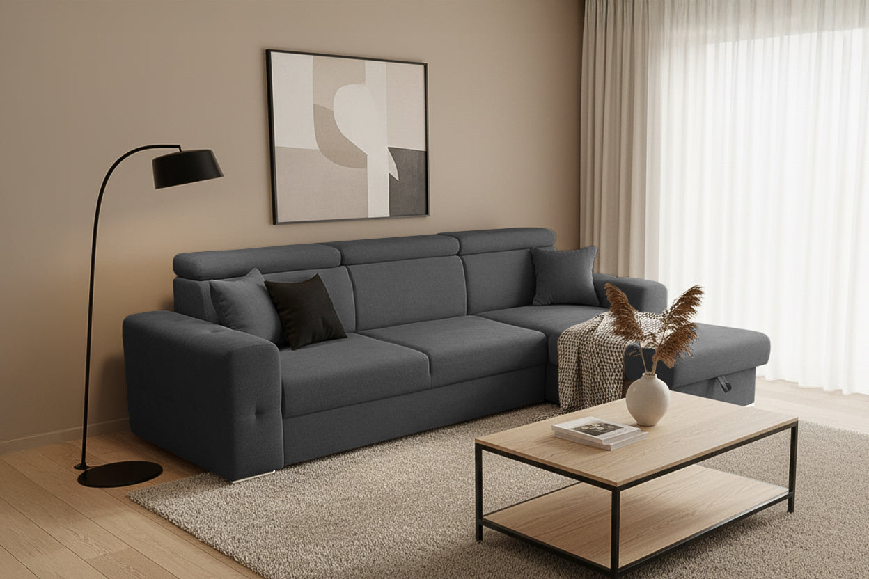 Coltar Extensibil BELLAGIO, sezlong interschimbabil, cu lada de depozitare, cu tetiere, 275x170x85 cm - Prestigehome.ro - Coltare - Prestige - #color_gri-inchis-enjoy