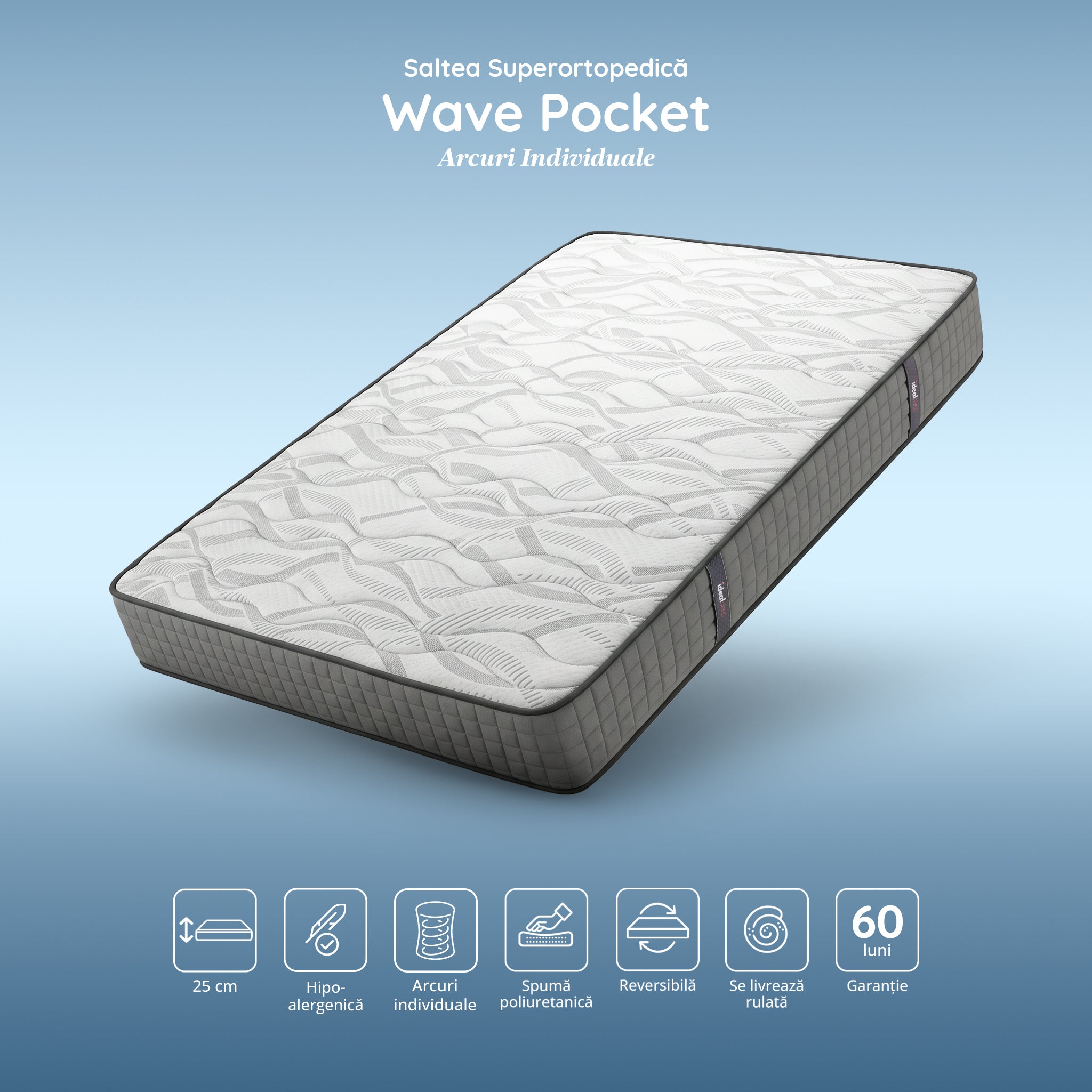 Saltea Ideal Sleep WAVE POCKET, Arcuri individuale, spumă poliuretanică în straturi, superortopedică, Grosime 25 cm