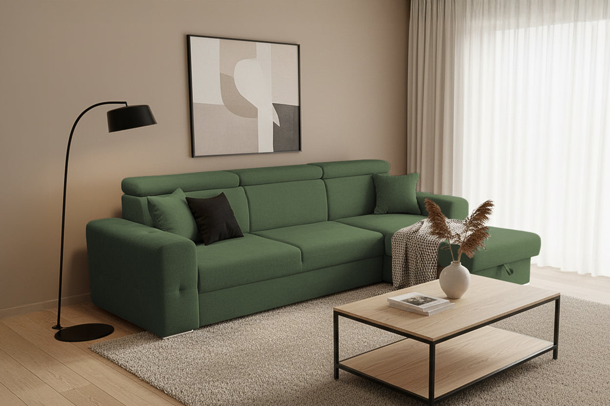 Coltar Extensibil BELLAGIO, sezlong interschimbabil, cu lada de depozitare, cu tetiere, 275x170x85 cm - Prestigehome.ro - Coltare - Prestige - #color_Verde-Enjoy