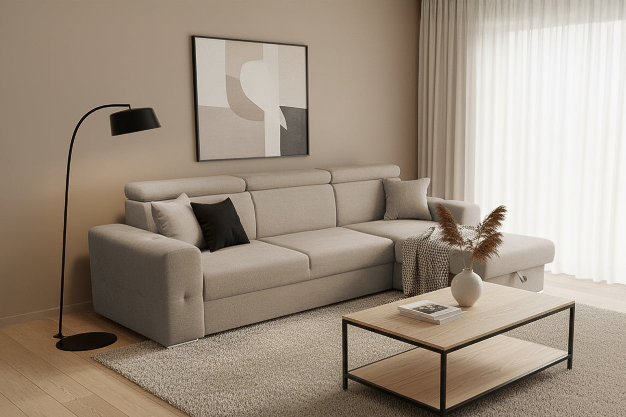 Coltar Extensibil BELLAGIO, sezlong interschimbabil, cu lada de depozitare, cu tetiere, 275x170x85 cm - Prestigehome.ro - Coltare - Prestige - #color_bej-enjoy