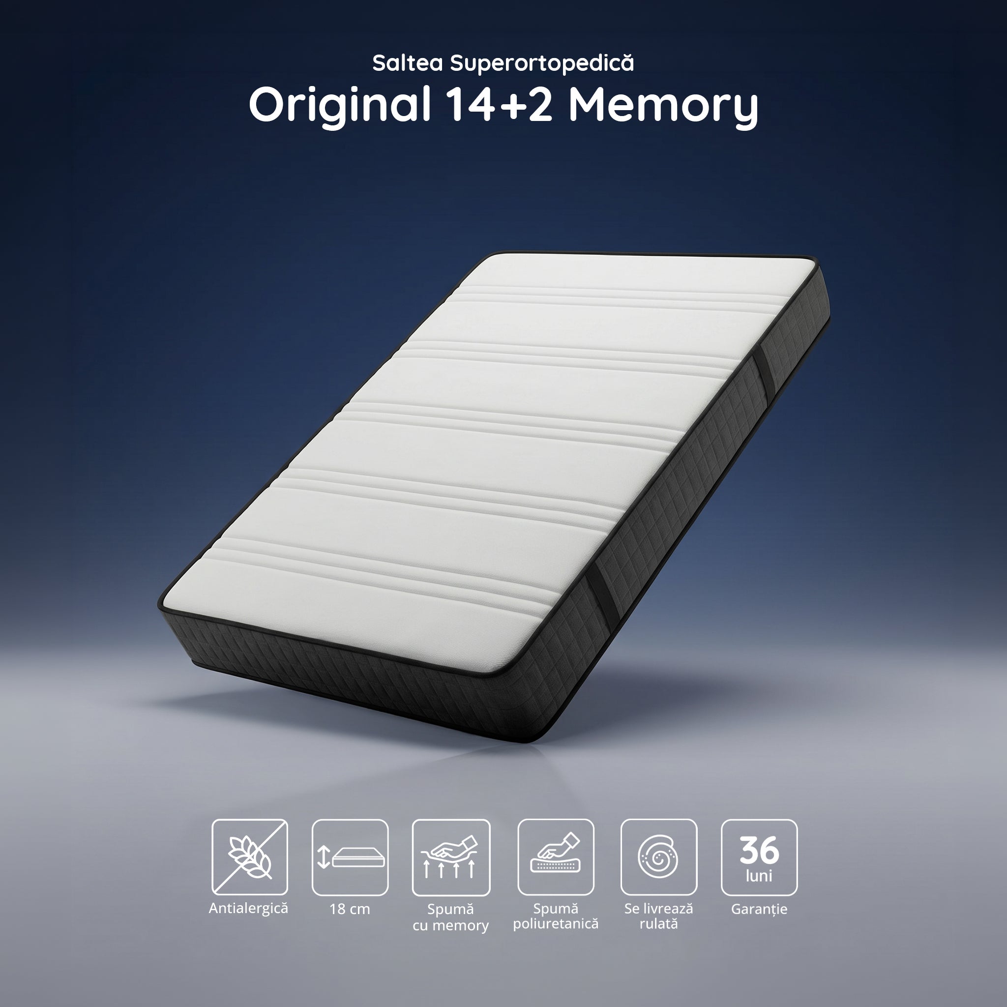 Saltea ORIGINAL, 14+2 Memory, spumă poliuretanică elastică, spumă cu memorie, husă antibacteriană, superortopedică, Grosime 18 cm - Prestige Home  