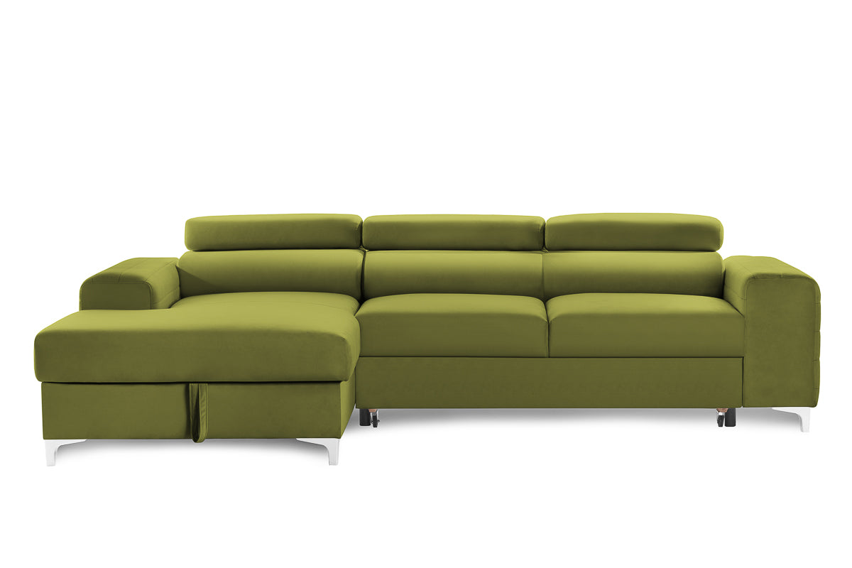 Colțar Extensibil LOFT, cu lada depozitare, tetiere reglabile, 295x170x95 cm, #color_Verde-Olive-Velluto