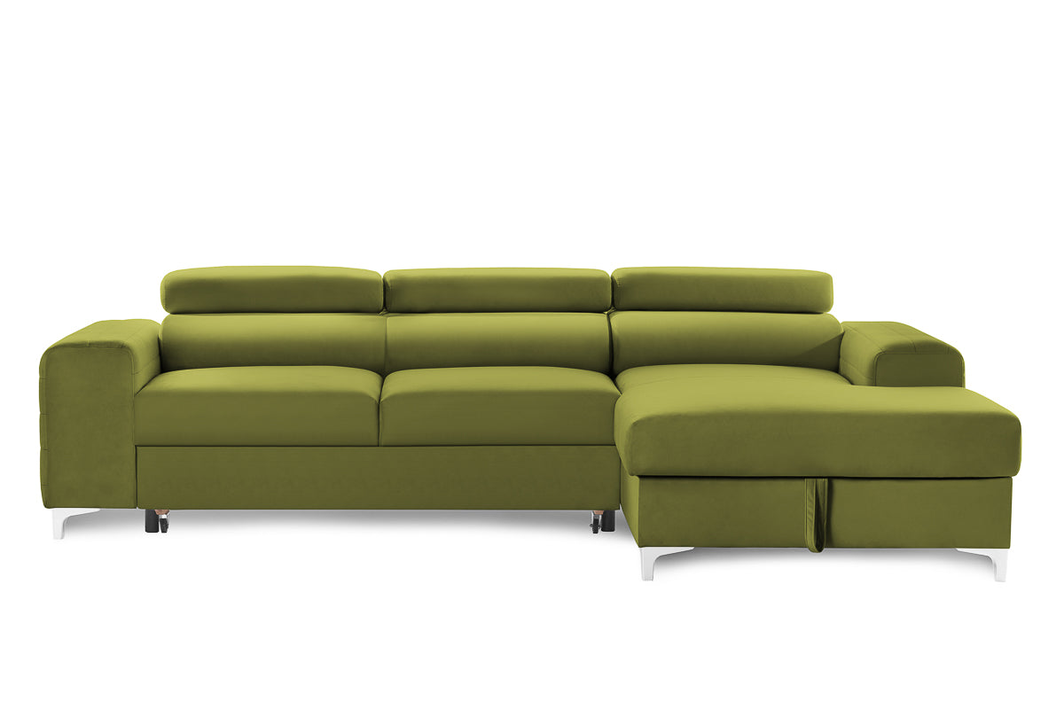Colțar Extensibil LOFT, cu lada depozitare, tetiere reglabile, 295x170x95 cm, #color_Verde-Olive-Velluto