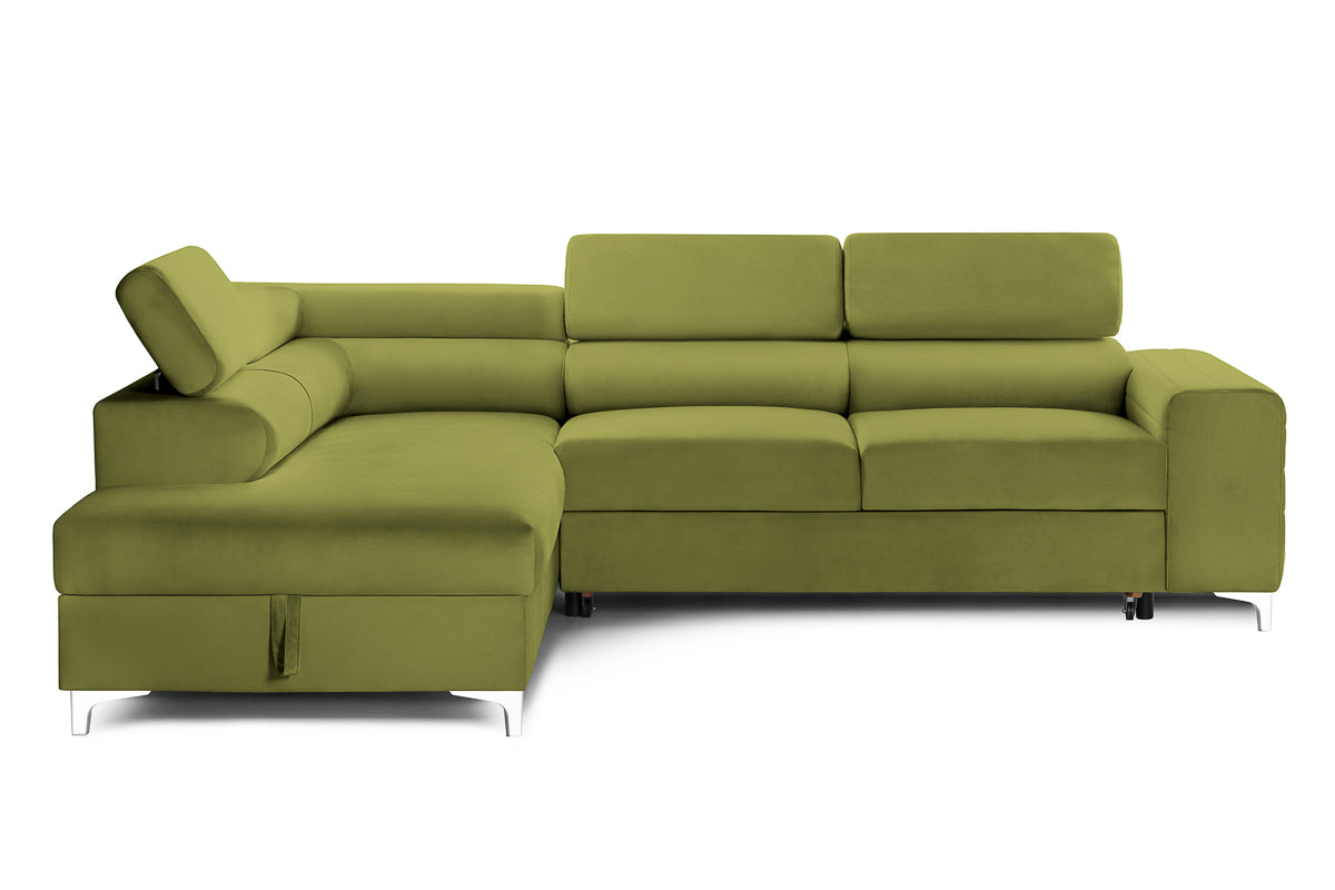 Colțar Extensibil TIME, cu lada depozitare, tetiere reglabile, 285x220x95 cm, #color_Verde-Olive-Velluto