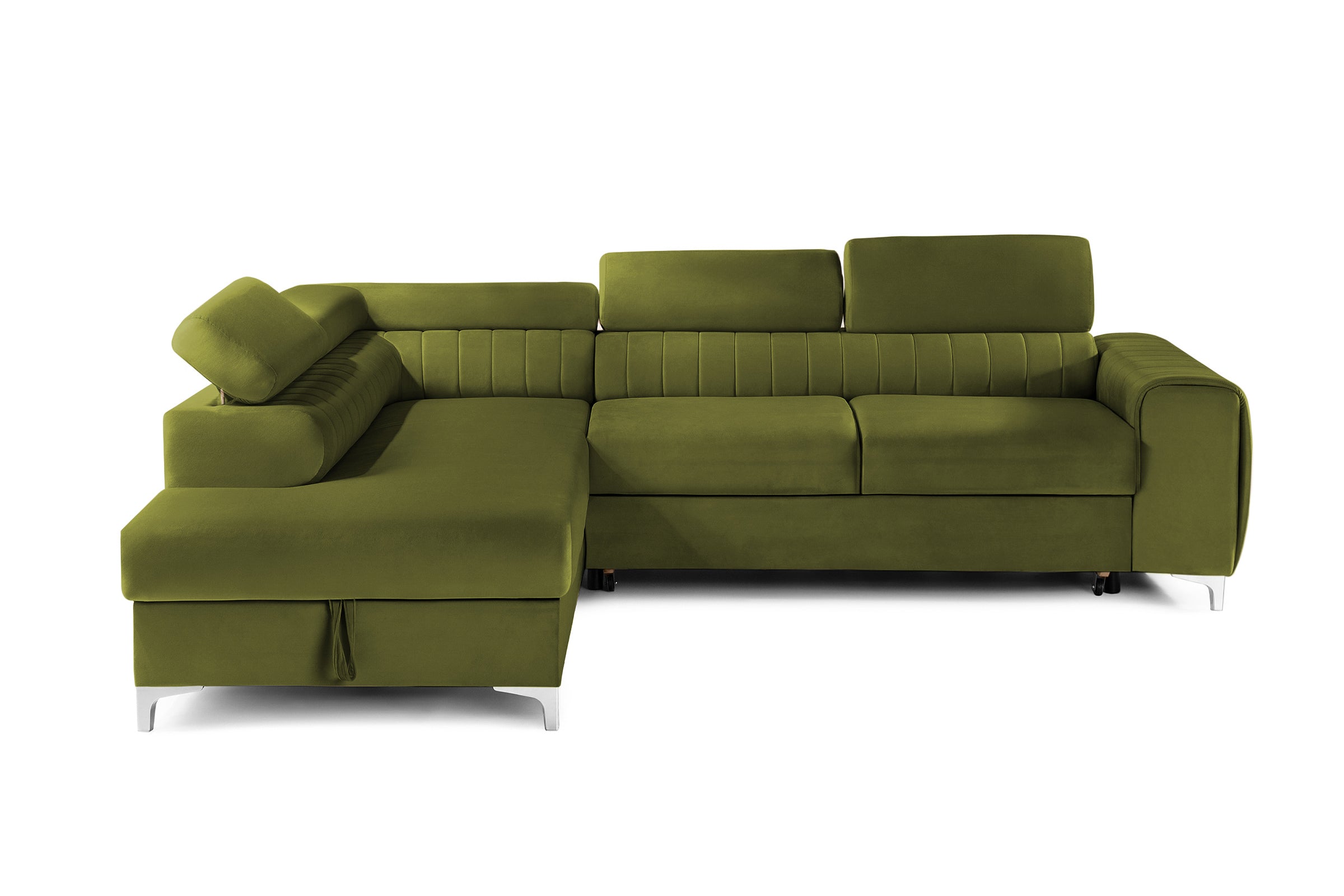 Colțar Extensibil TIME, cu lada depozitare, tetiere reglabile, 285x220x95 cm, #color_Verde-Olive-Velluto