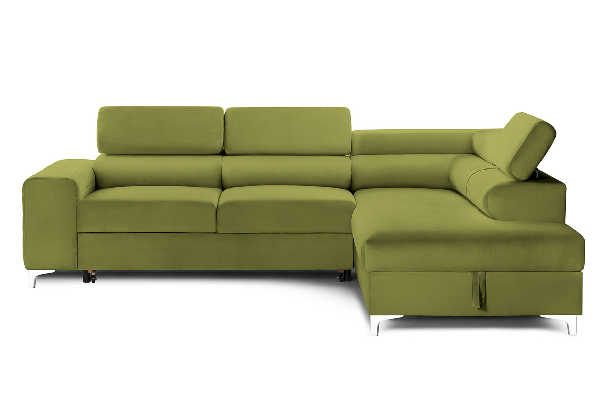 Colțar Extensibil TIME, cu lada depozitare, tetiere reglabile, 285x220x95 cm, #color_Verde-Olive-Velluto