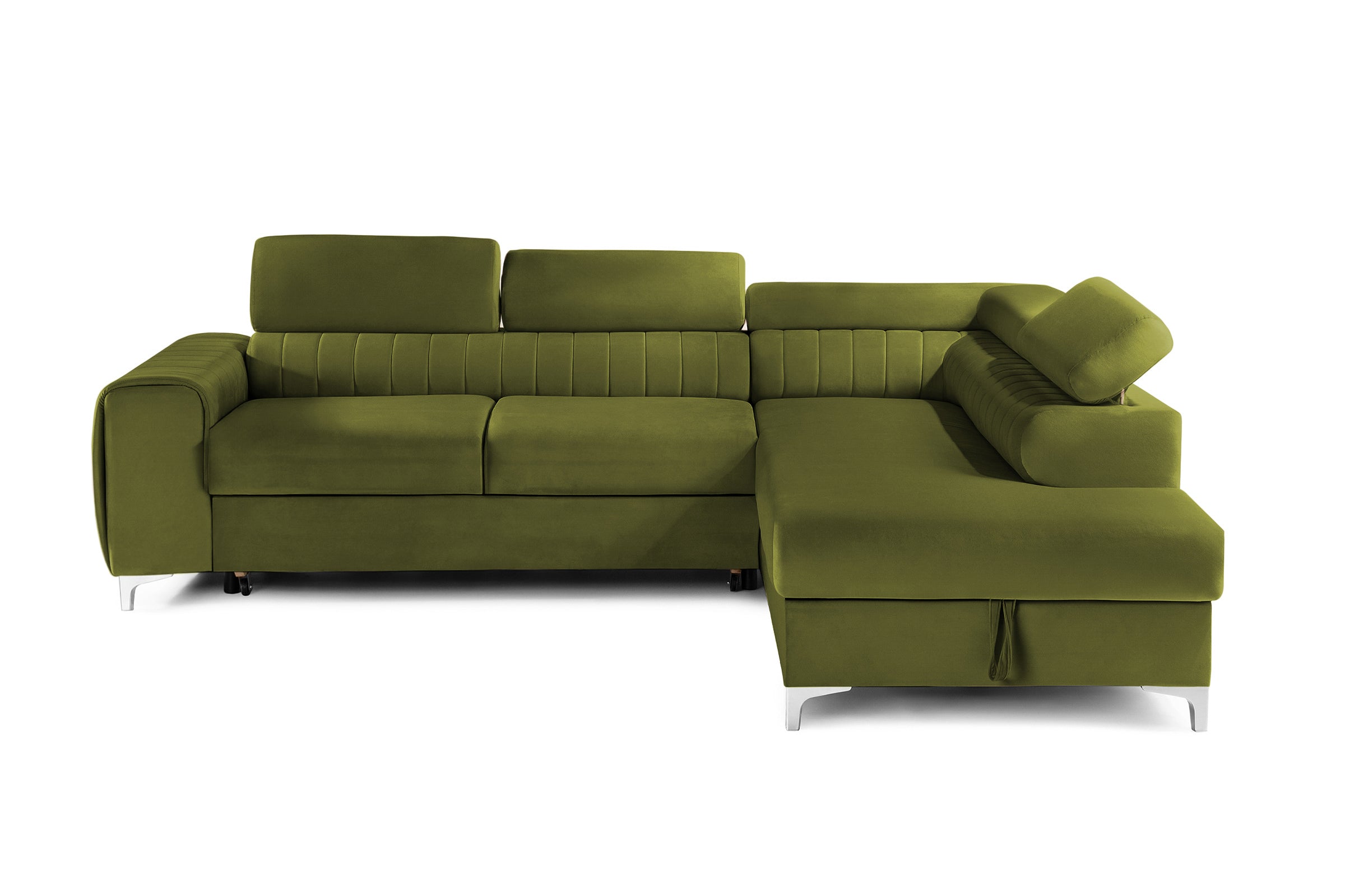 Colțar Extensibil TIME, cu lada depozitare, tetiere reglabile, 285x220x95 cm, #color_Verde-Olive-Velluto