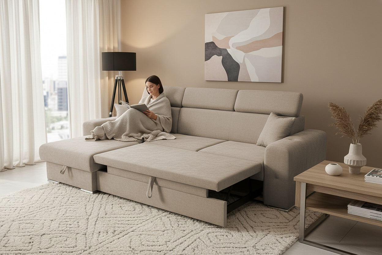 Coltar Extensibil BELLAGIO, sezlong interschimbabil, cu lada de depozitare, cu tetiere, 275x170x85 cm - Prestigehome.ro - Coltare - Prestige - #color_bej-enjoy