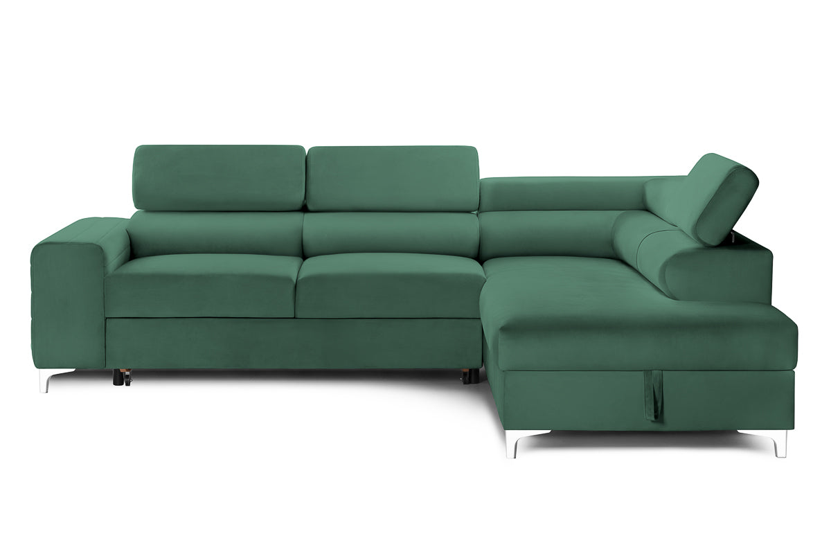Colțar Extensibil TIME, cu lada depozitare, tetiere reglabile, 285x220x95 cm, #color_Verde-Padure-Velluto