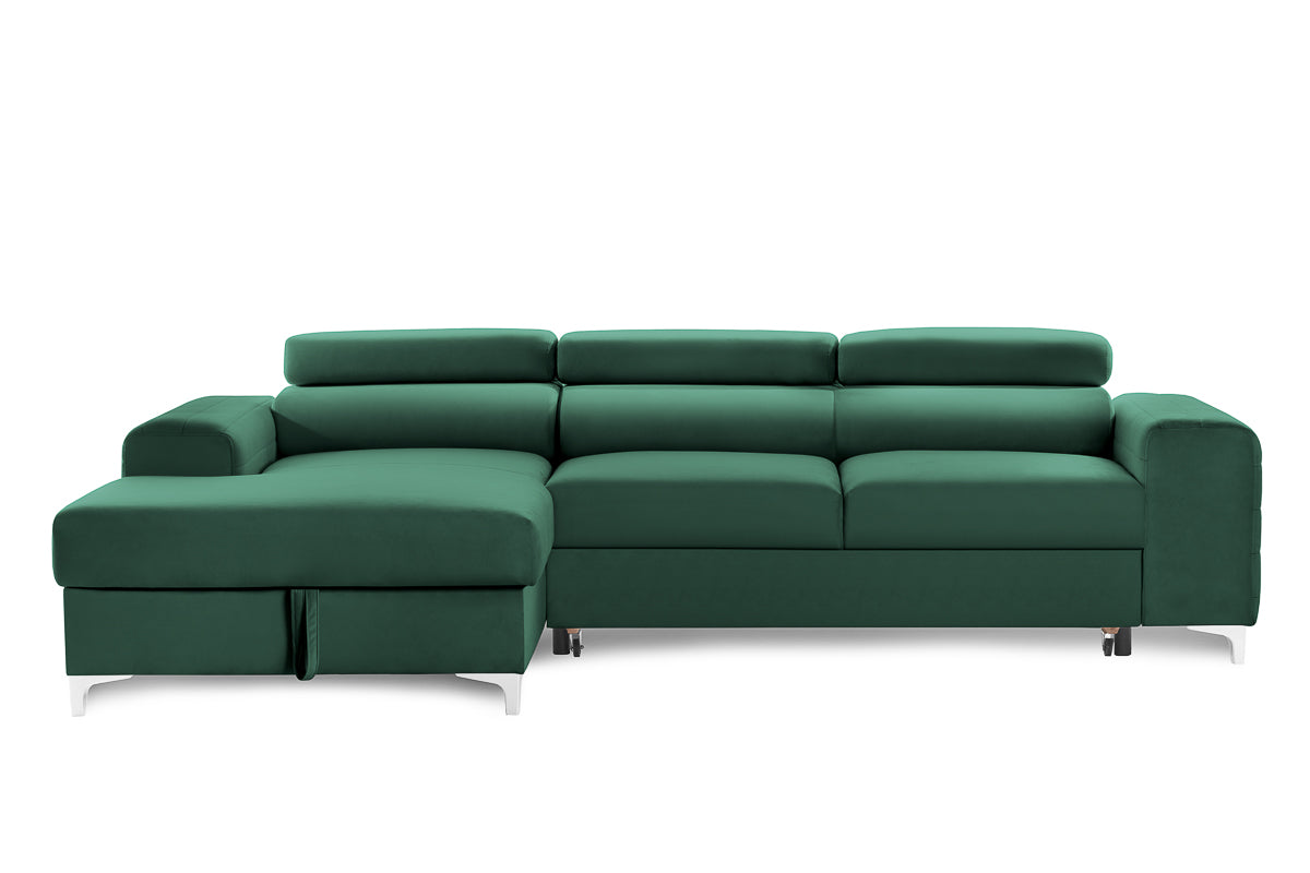 Colțar Extensibil LOFT, cu lada depozitare, tetiere reglabile, 295x170x95 cm, #color_Verde-Padure-Velluto