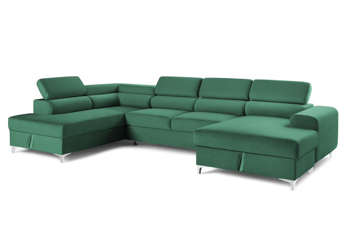 Colțar Extensibil, în formă de U, TIME, cu 2 lăzi de depozitare, cu tetiere reglabile, 360x220x95 cm #color_Verde-Padure-Velluto