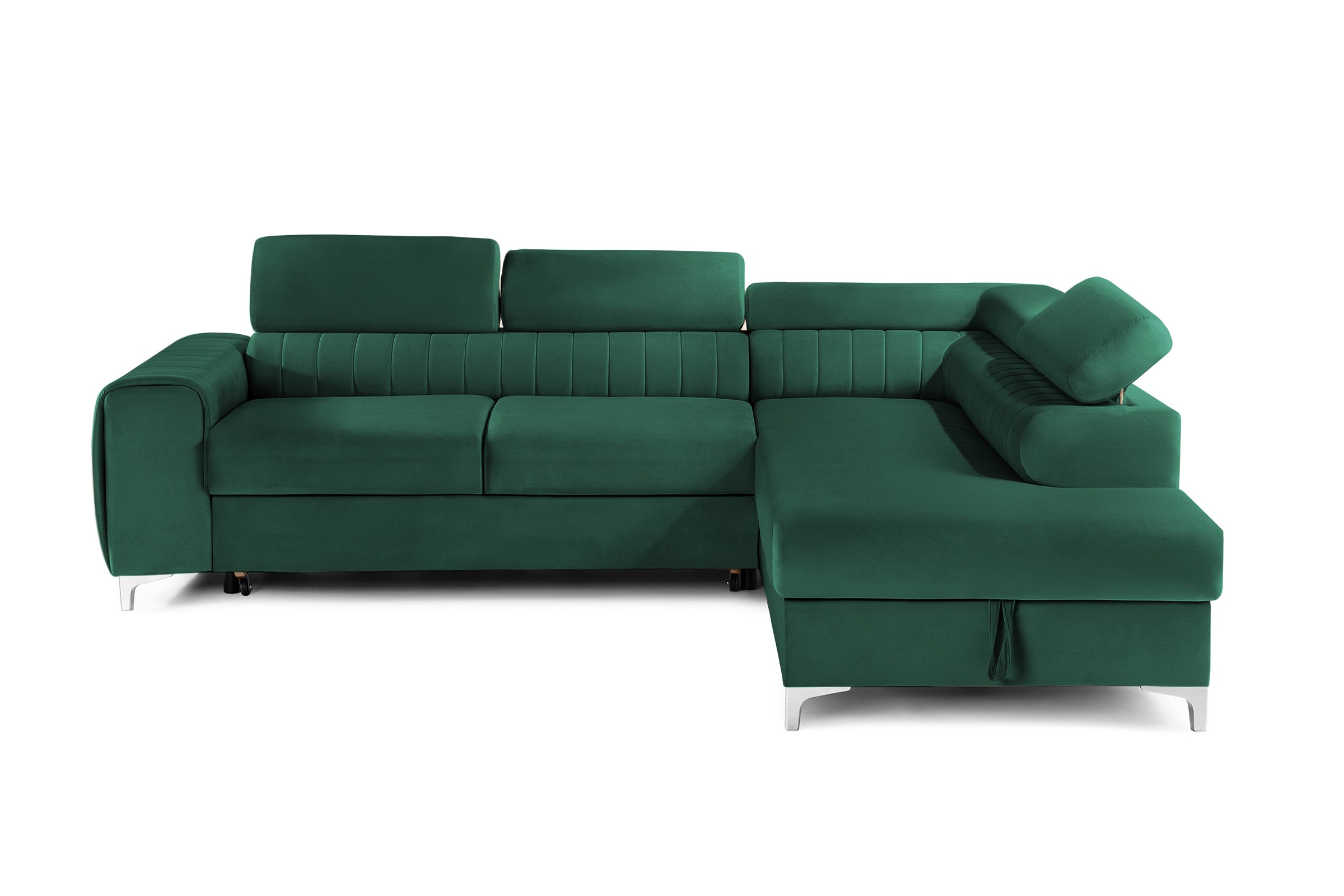 Colțar Extensibil TIME, cu lada depozitare, tetiere reglabile, 285x220x95 cm, #color_Verde-Padure-Velluto