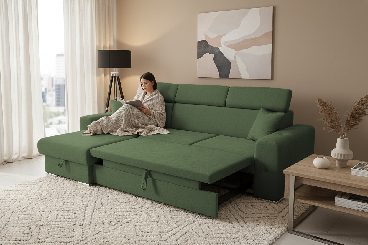 Coltar Extensibil BELLAGIO, sezlong interschimbabil, cu lada de depozitare, cu tetiere, 275x170x85 cm - Prestigehome.ro - Coltare - Prestige - #color_Verde-Enjoy